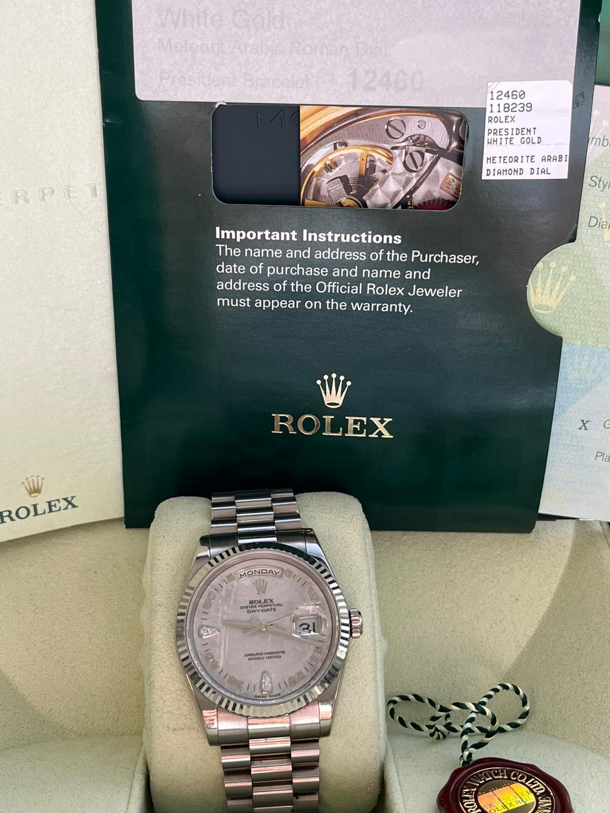 Rolex Day-Date 36mm Or blanc 18k Lunette cannelée Météorite 2 Diamants Cadran 118239 en vente 2