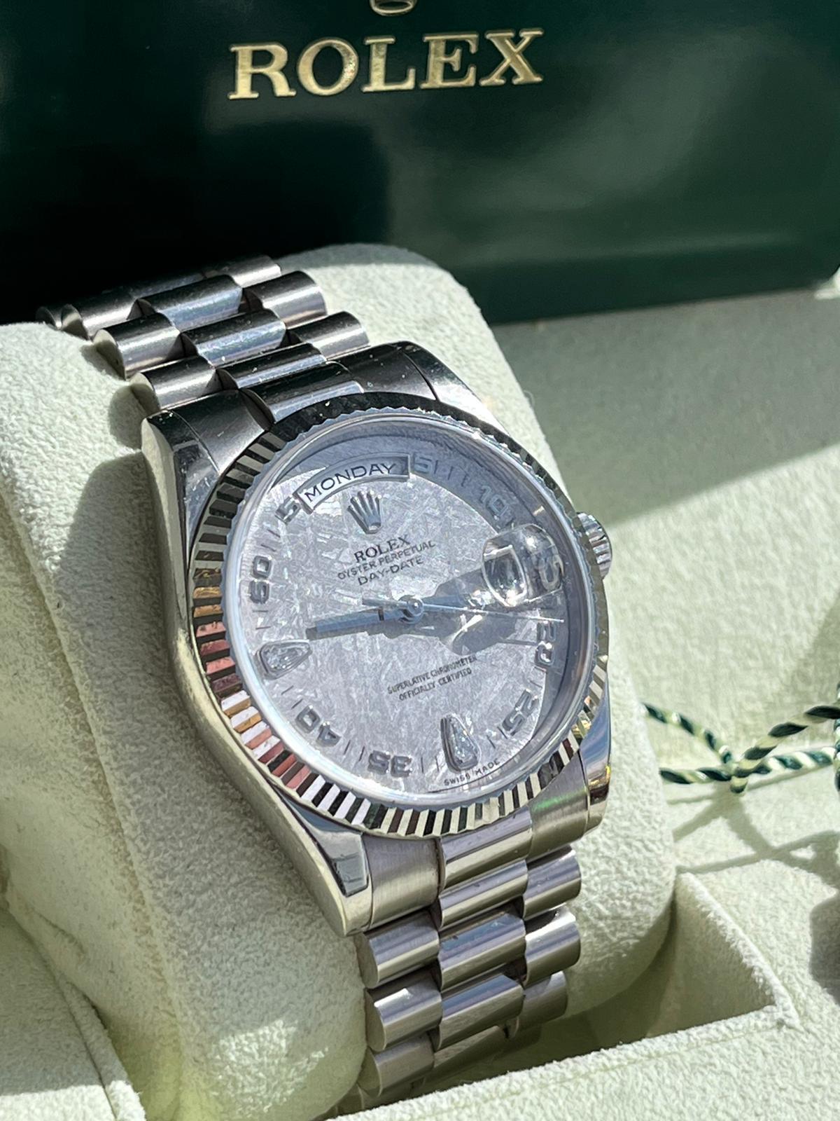 Rolex Day-Date 36mm 18k White Gold Fluted Bezel Meteorite 2 Diamonds Dial 118239 For Sale 3