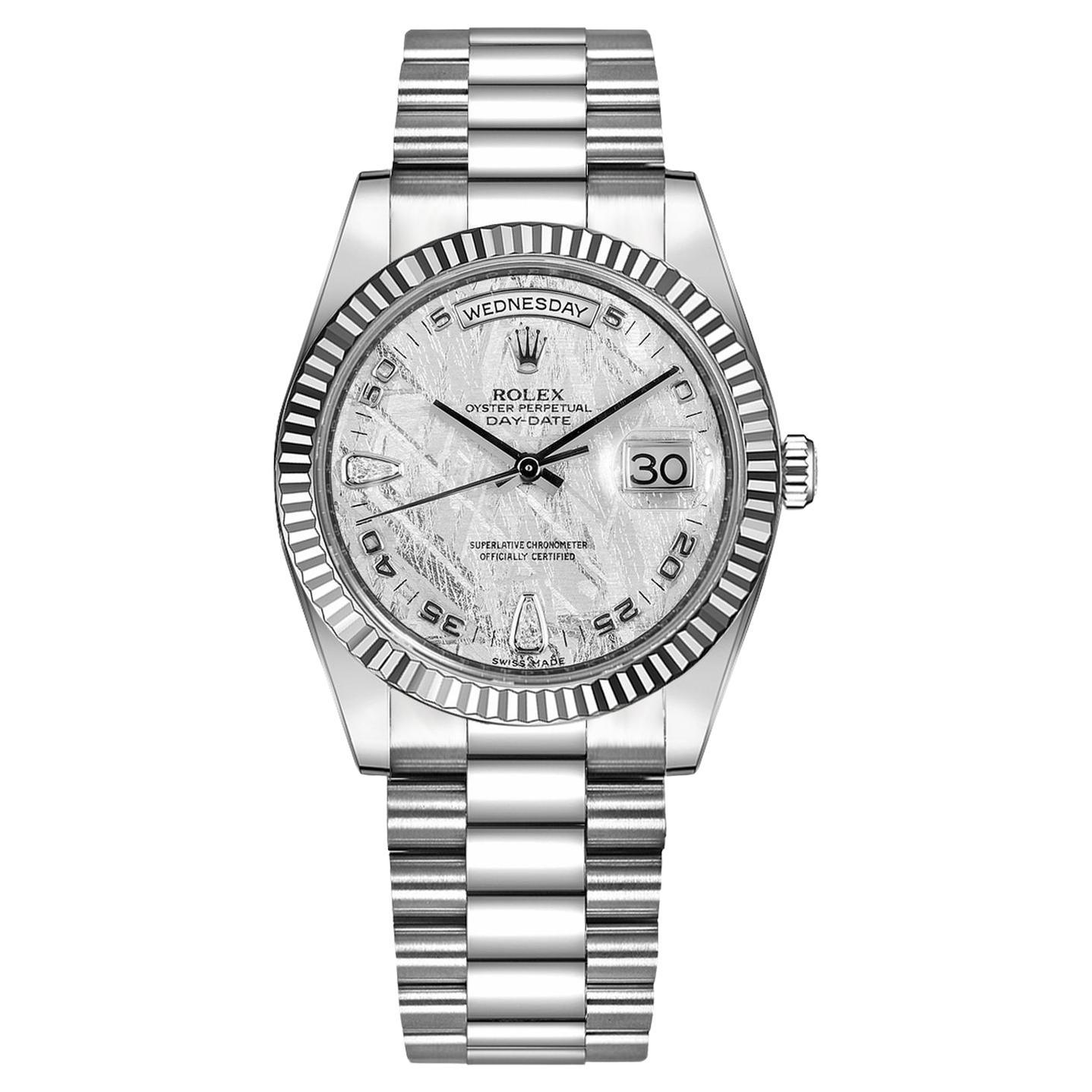 Rolex Day-Date 36mm 18k White Gold Fluted Bezel Meteorite 2 Diamonds Dial 118239 For Sale