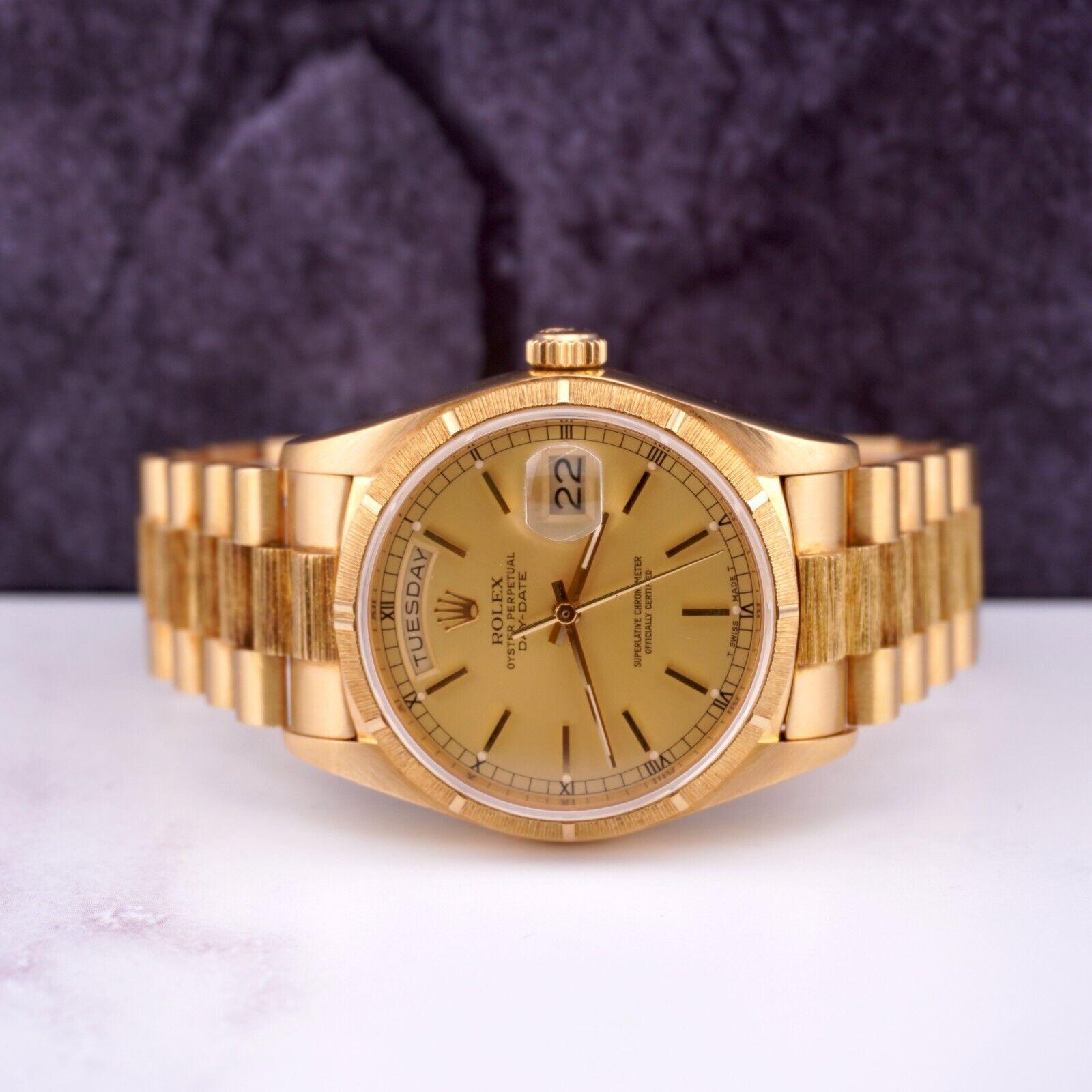 Rolex Day-Date 36mm President Men's Watch. Watch is “ALL ORIGINAL RARE BARK PRESIDENT AND IN GREAT CONDITION!”. A Pre-owned watch w/ Gift Box. Watch is 100% Authentic and Comes with Authenticity Card. Watch Reference is 18078 and is in Excellent