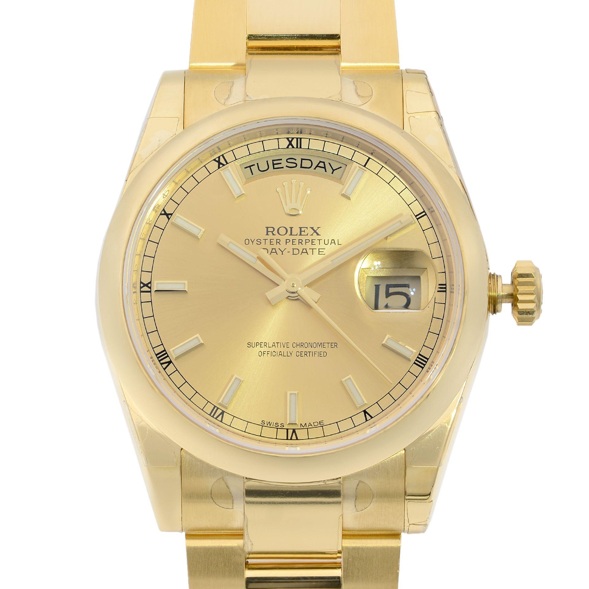 This brand new Rolex Day-Date 118208-CSO is a beautiful men's timepiece that is powered by a mechanical (automatic) movement which is cased in a yellow gold case. It has a round shape face, day & date dial, and has hand sticks style markers. It is