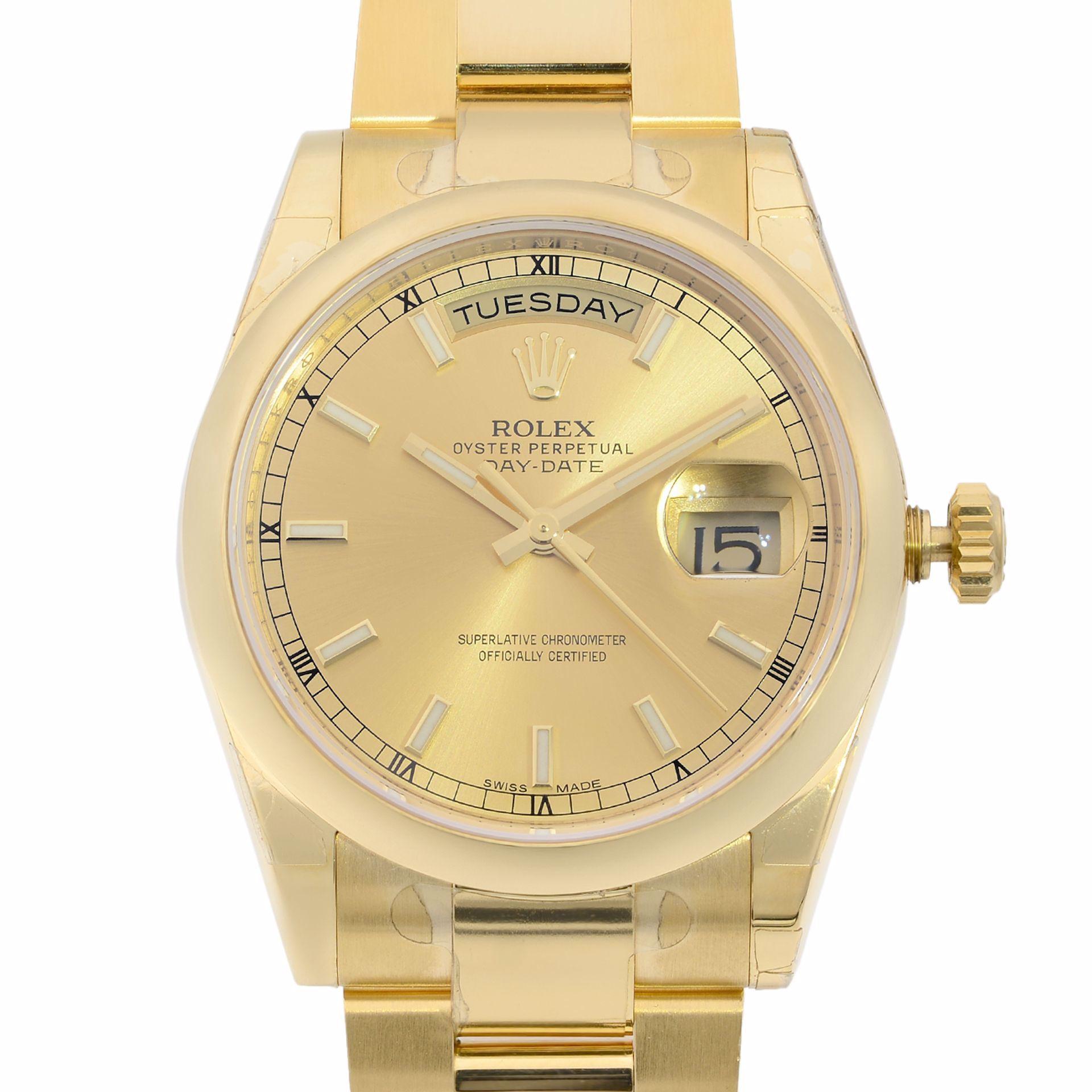 This brand new Rolex Day-Date 118208-CSO is a beautiful men's timepiece that is powered by a mechanical (automatic) movement which is cased in a yellow gold case. It has a round shape face, day & date dial and has hand sticks style markers. It is