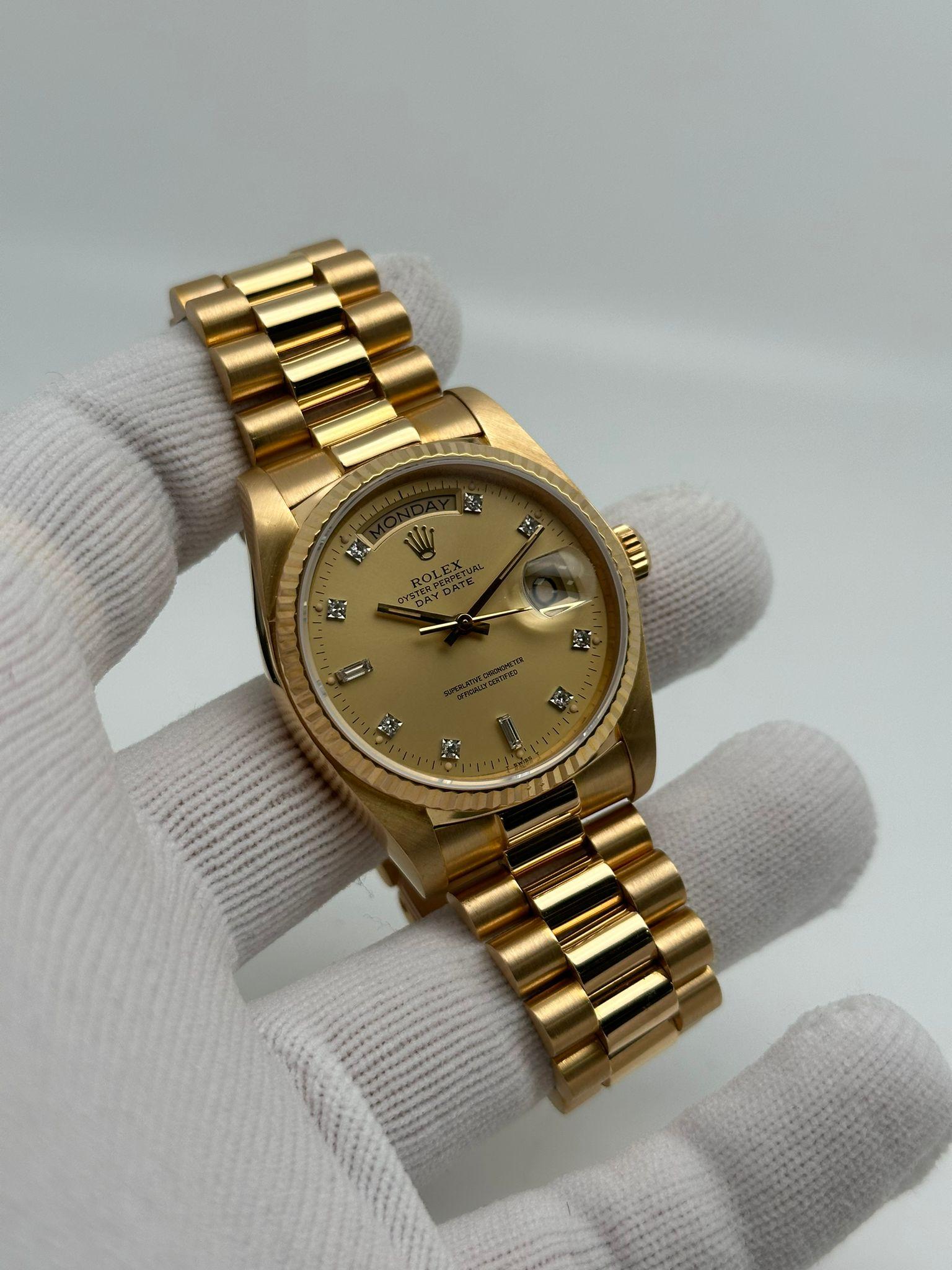 Rolex Montre automatique Day-Date 36 mm en or jaune 18 carats avec cadran champagne et diamants 18038 en vente 4