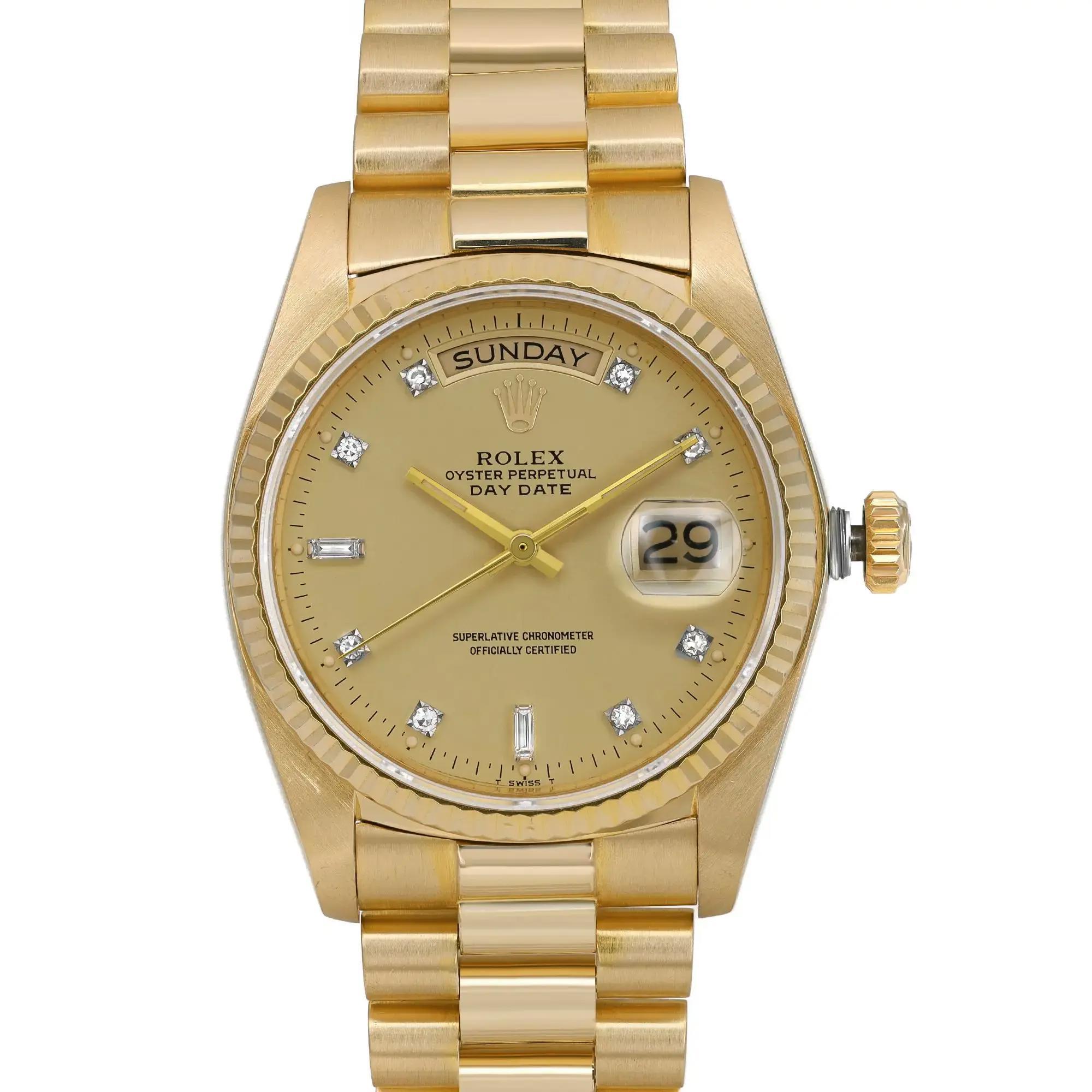 Rolex Day-Date 36mm 18k Yellow Gold Champagne Diamond Dial Automatic Watch 18038 In Excellent Condition For Sale In New York, NY