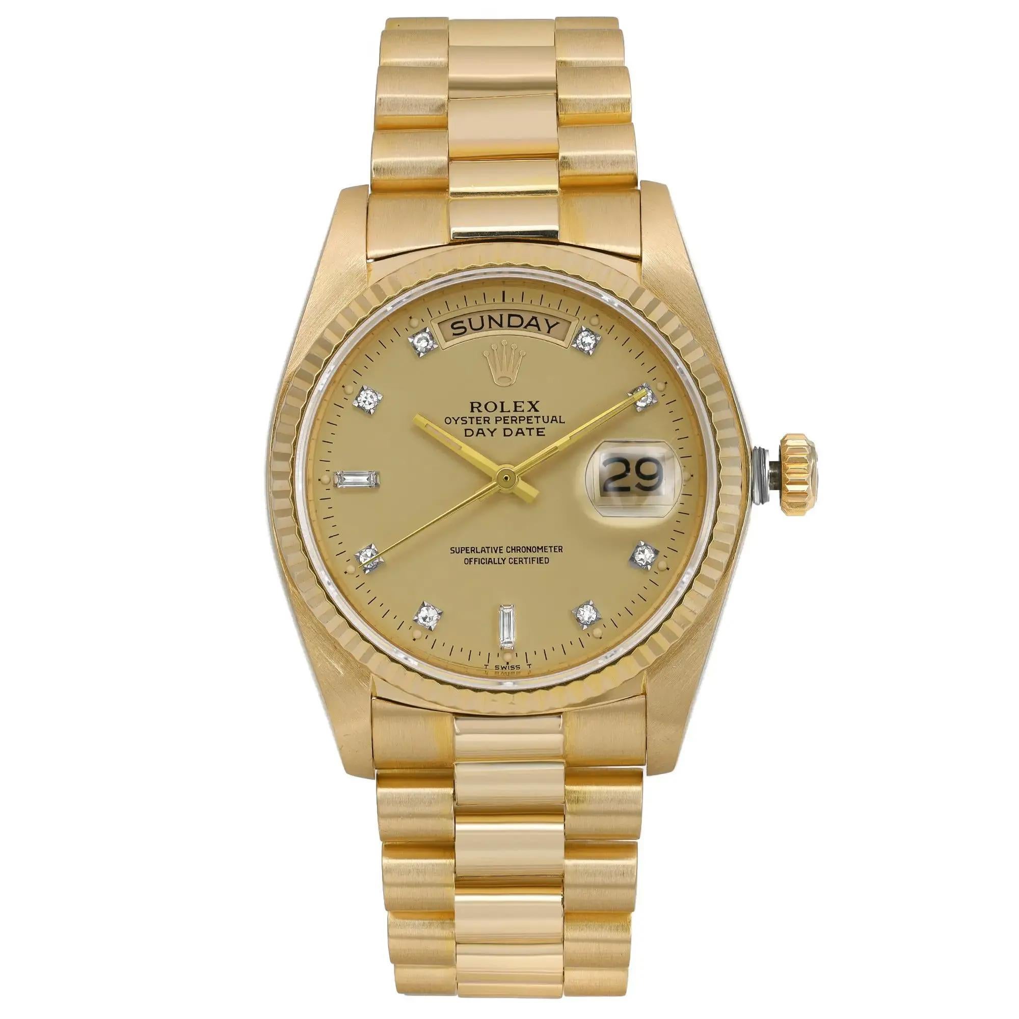 Rolex Day-Date 36mm 18k Yellow Gold Champagne Diamond Dial Automatic Watch 18038 For Sale