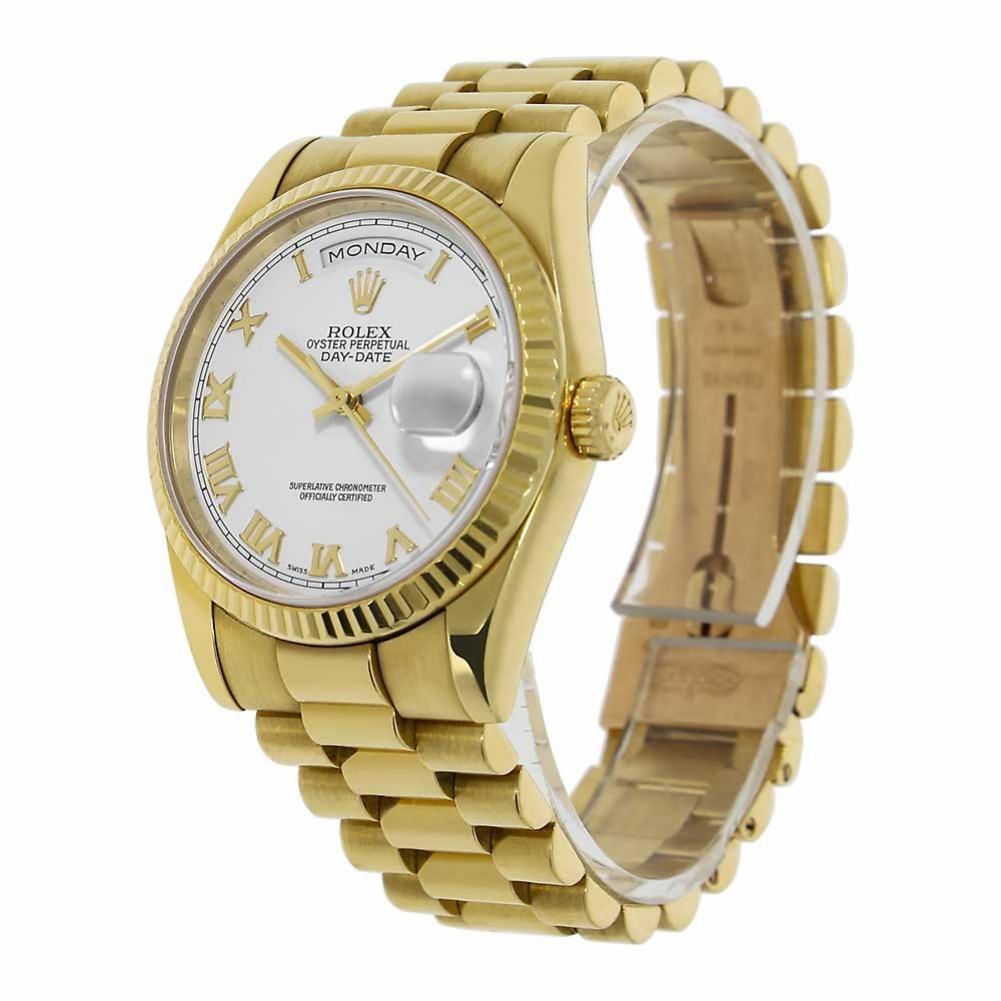 Contemporary Rolex Day-Date 18 Karat Yellow Gold President White Dial Watch 18238 For Sale