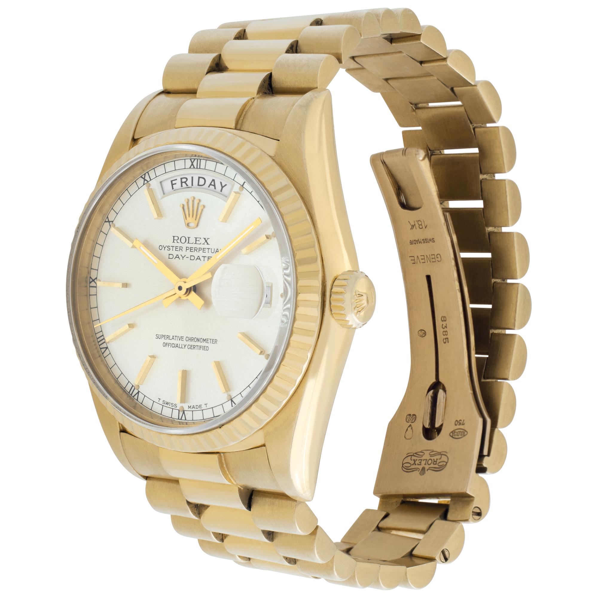 Rolex Day-Date in 18k yellow gold with soft champane stick dial. Auto w/ sweep seconds, date and day. 36 mm case size. Ref 18038. **Bank wire only at this price** Circa 1985. Fine Pre-owned Rolex Watch. Certified preowned Dress Rolex Day-Date 18038