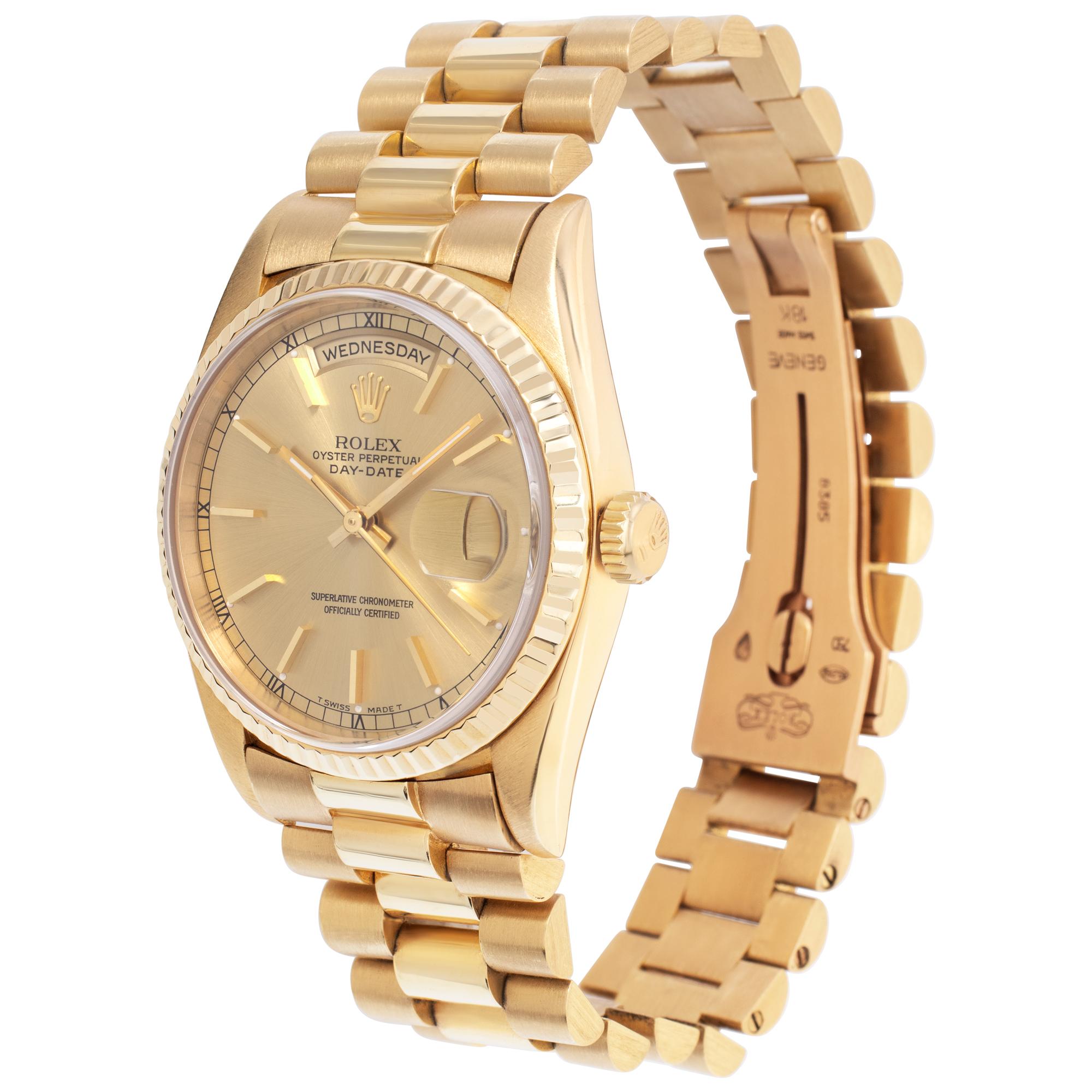 Rolex Day-Date in 18k. Auto w/ sweep seconds, date and day. 36 mm case size. **Bank wire only at this price** Ref 18238. Circa 1995. Fine Pre-owned Rolex Watch. Certified preowned Dress Rolex Day-Date 18238 watch is made out of yellow gold on a 18k