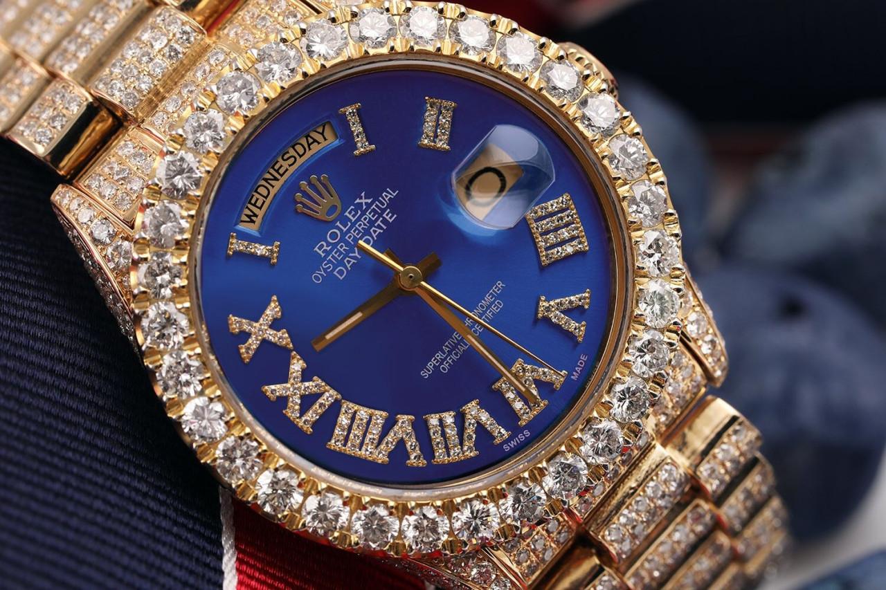 Round Cut Rolex Day-Date Light Blue Roman Diamond Dial Iced Out Yellow Gold Watch 18038 For Sale