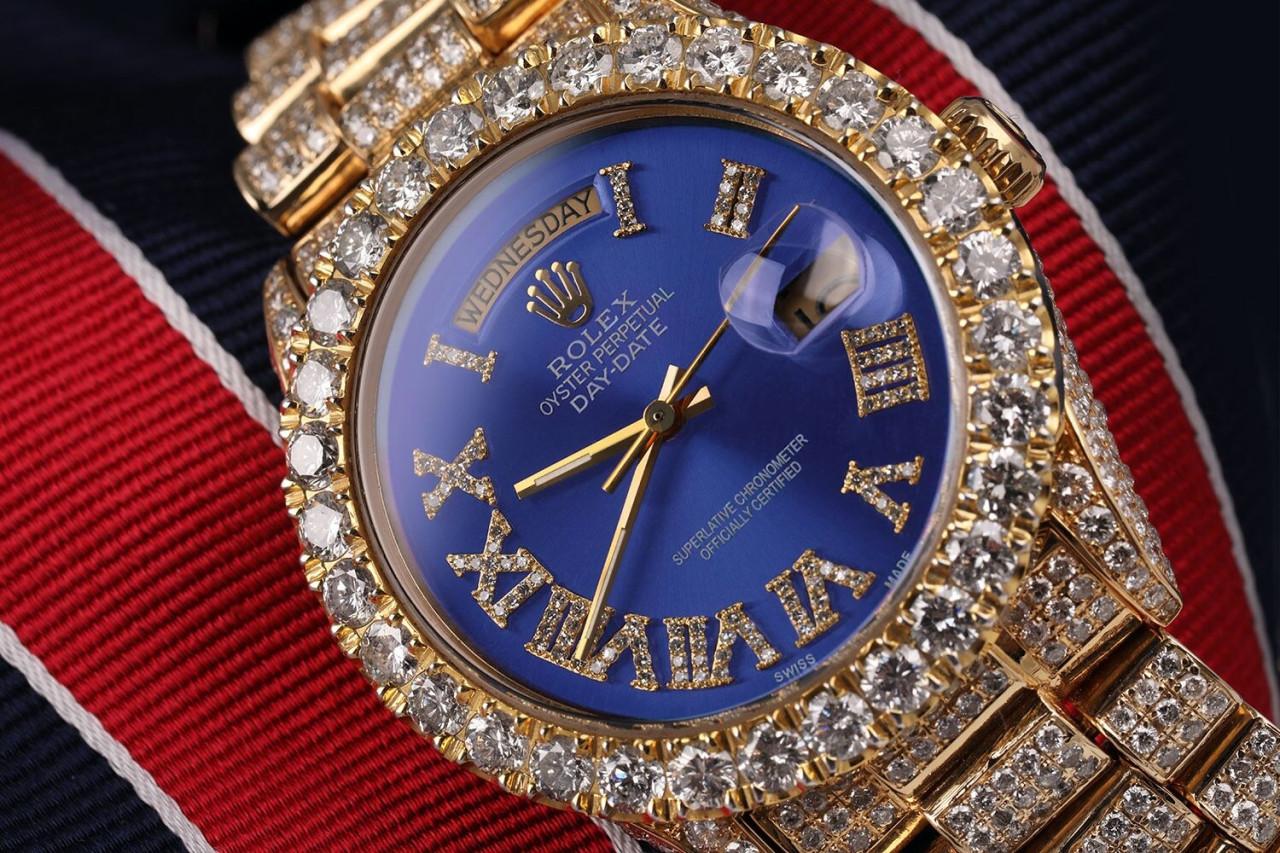 Rolex Day-Date Light Blue Roman Diamond Dial Iced Out Yellow Gold Watch 18038 In Excellent Condition For Sale In New York, NY
