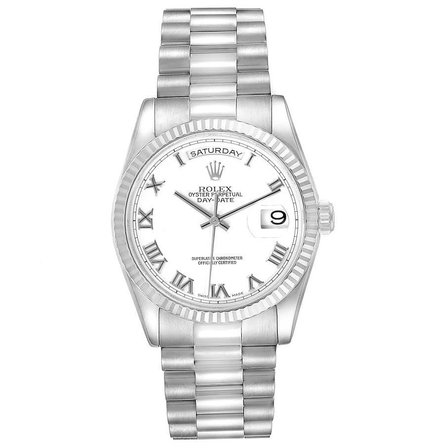 Rolex Day Date 36mm President White Gold White Dial Mens Watch 118239. Officially certified chronometer self-winding movement. 18k white gold oyster case 36.0 mm in diameter. Rolex logo on a crown. 18k white gold fluted bezel. Scratch resistant