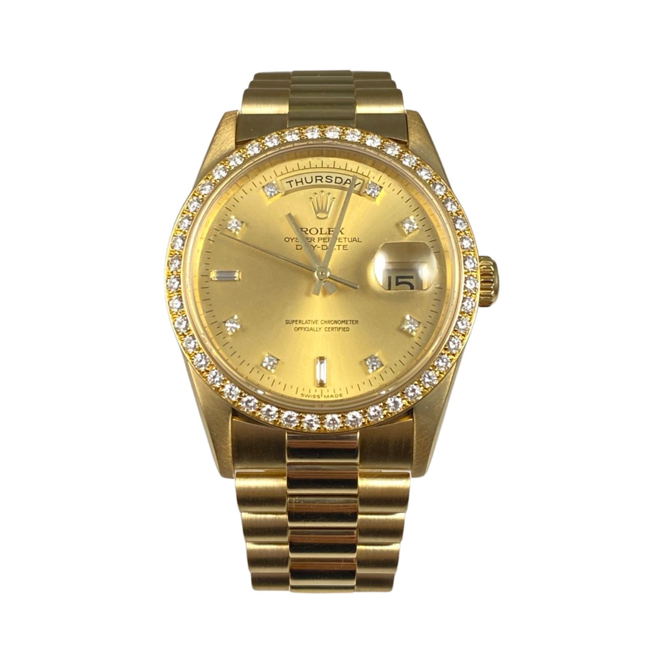 Brand: Rolex

Model Name: Day-Date

Model Number: 18348

Movement: Automatic

Case Size: 36 mm

Case Back: Closed

Case Material: 18k Yellow Gold

Bezel: Diamond (Factory)

Dial: Gold 

Bracelet: 18k Yellow Gold

Hour Markers: Diamonds