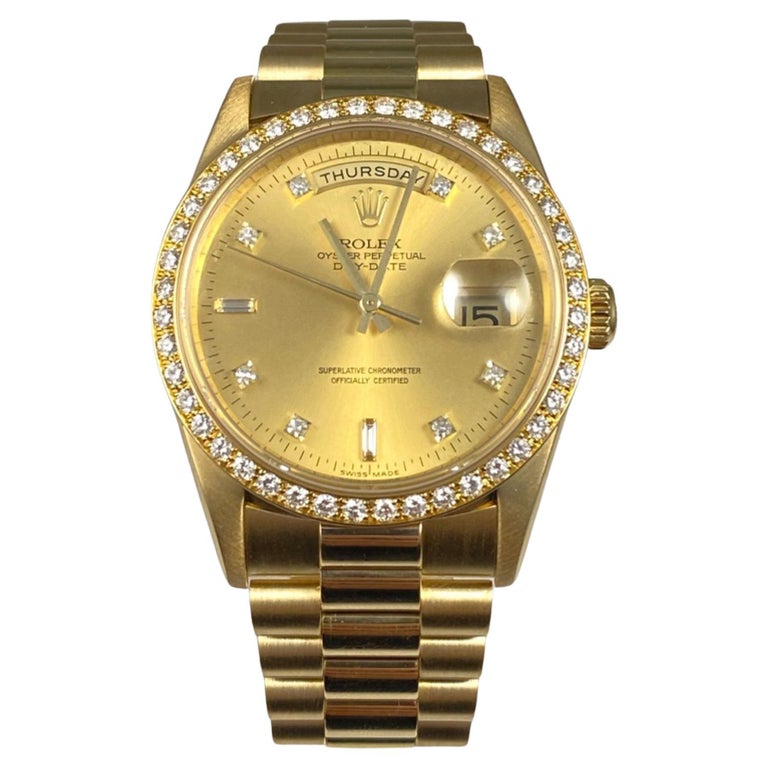 Rolex Day-Date Ref. 18348 Factory Diamonds 18k Yellow Gold President Band  For Sale at 1stDibs
