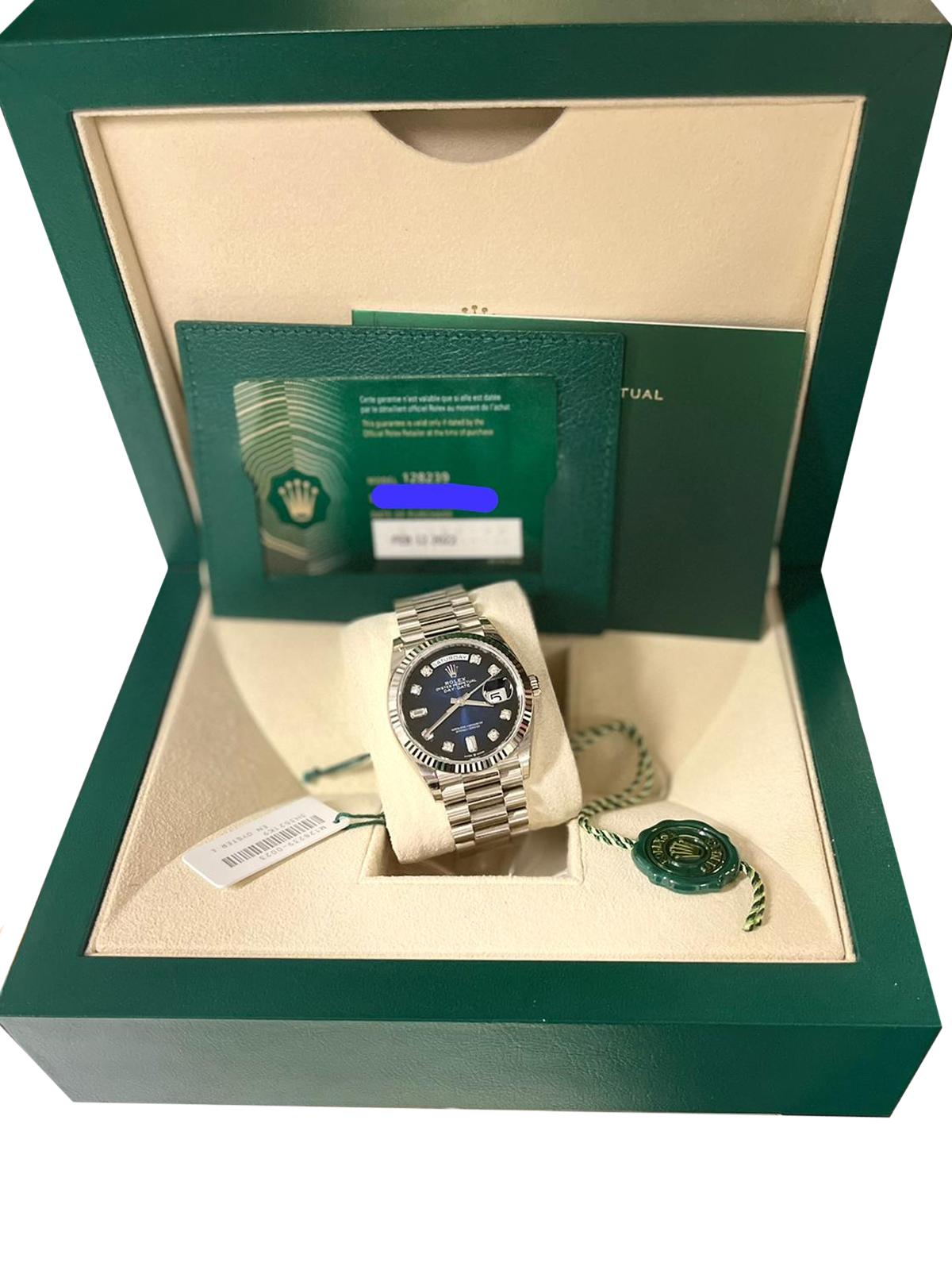 Rolex Day-Date White Gold Fluted Bezel Blue Ombre Diamond Dial Watch 128239 1