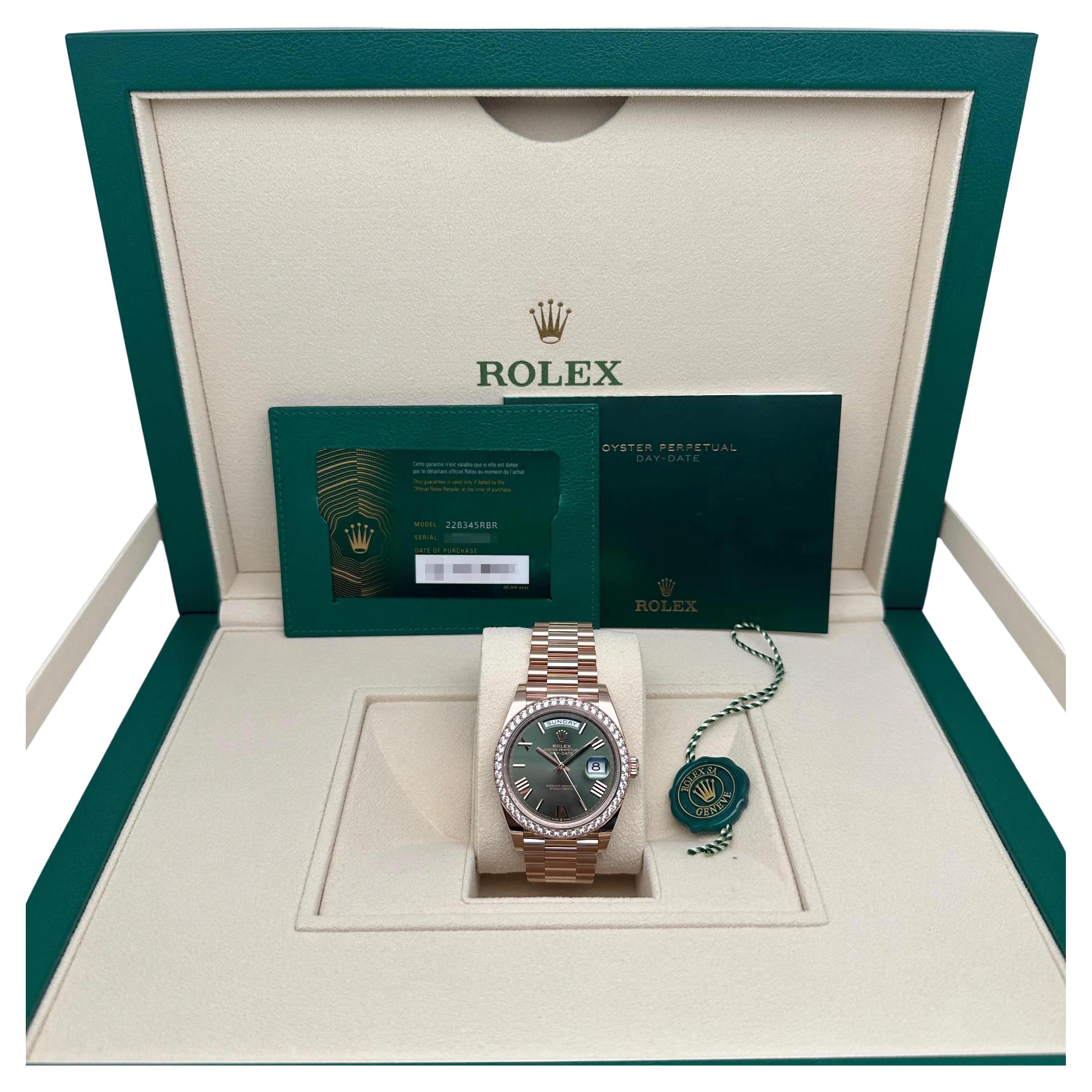 Rolex Day-Date 40 18k Rose Gold Gold Olive Green Dial Men Watch 228345RBR For Sale