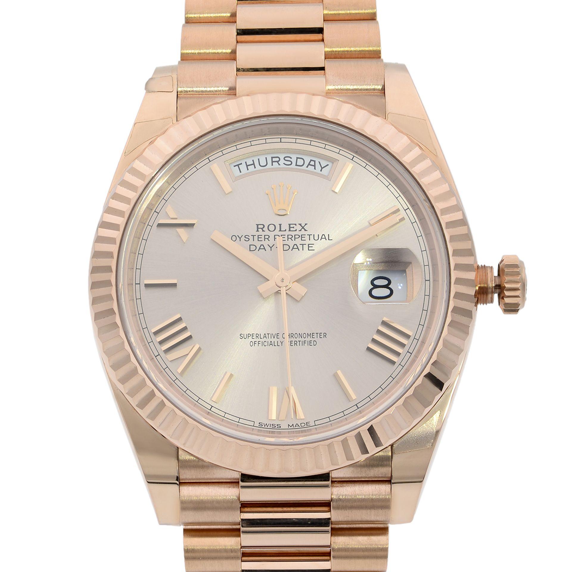 This brand new Rolex Day-Date 228235SNRP is a beautiful men's timepiece that is powered by a mechanical (automatic) movement which is cased in a rose gold case. It has a round shape face, day & date dial, and has hand roman numerals style markers.