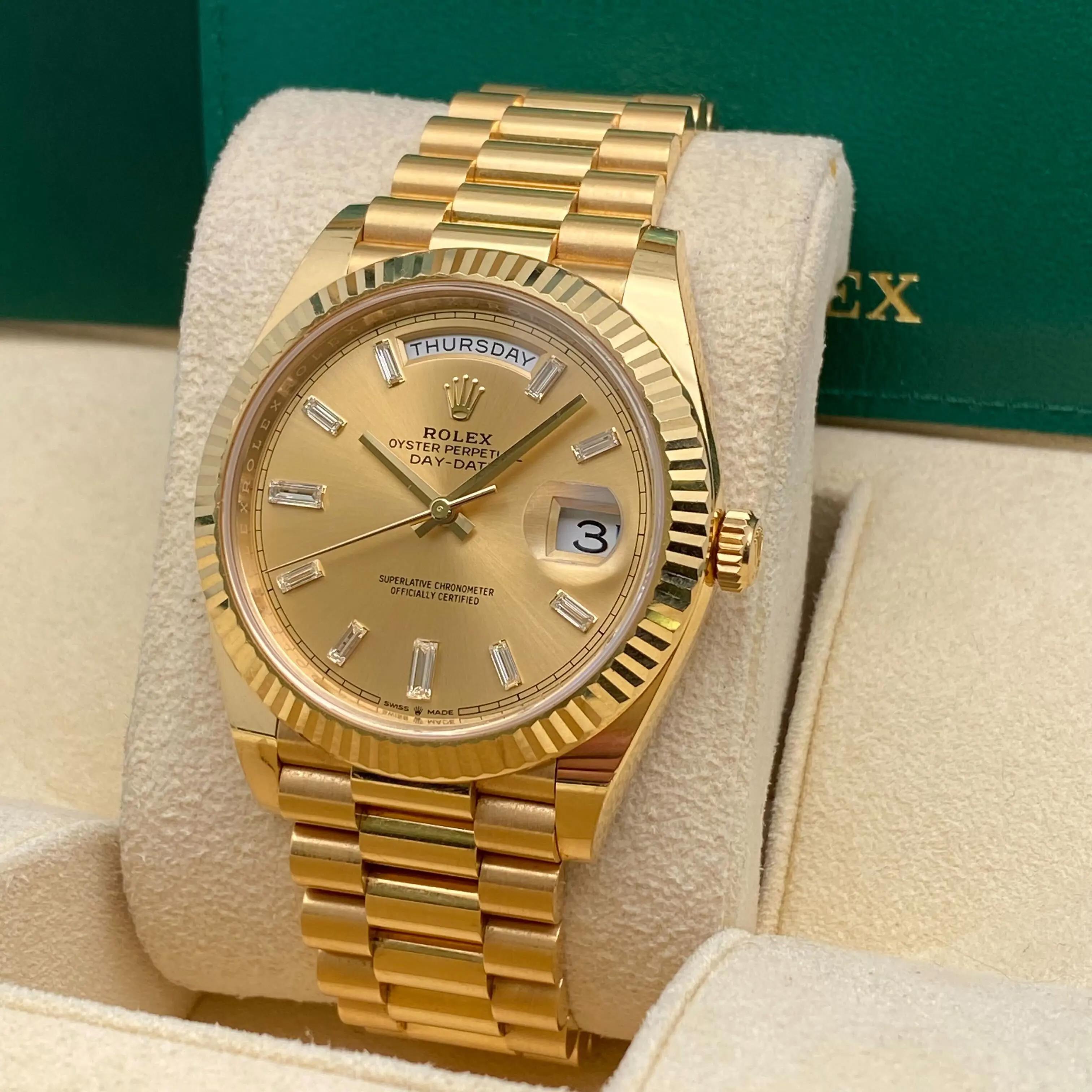 Rolex Day Date 40 228238 Oro giallo 18 carati Diamante Baguette Quadrante champagne In condizioni ottime in vendita a New York, NY