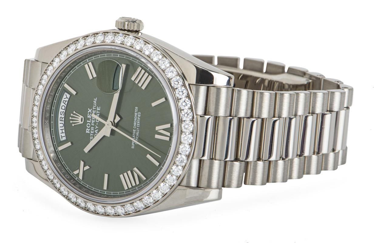 Rolex Day-Date 40 Olive Dial Diamond Bezel 228349RBR In Excellent Condition For Sale In London, GB