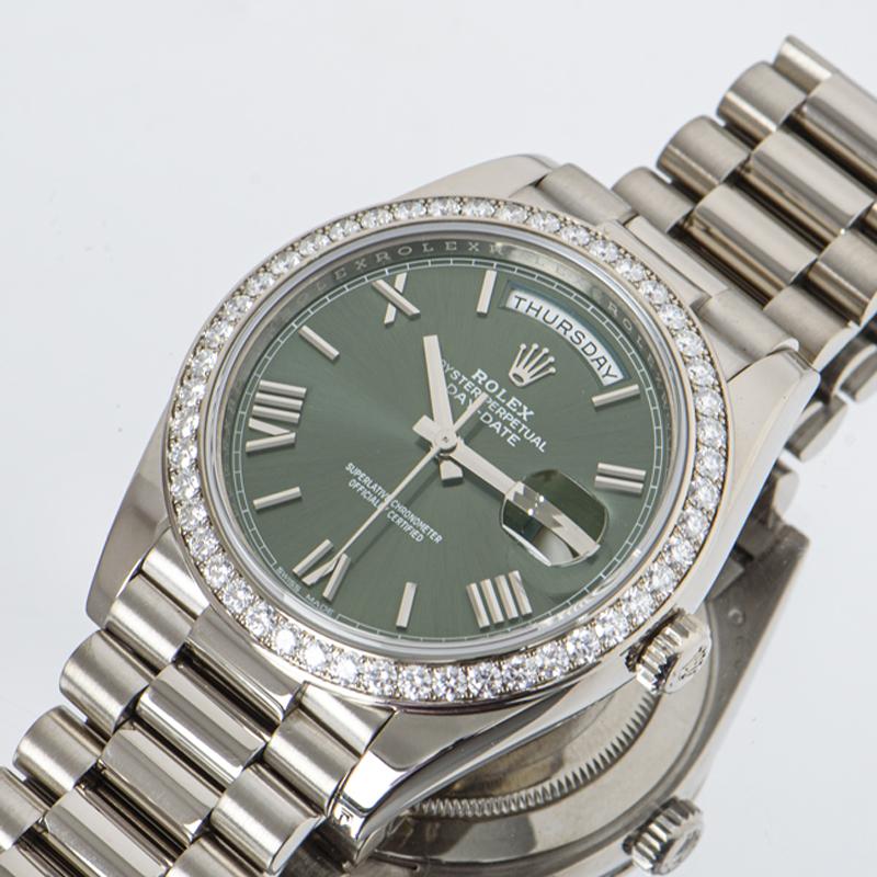 Rolex Day-Date 40 Olive Dial Diamond Bezel 228349RBR For Sale 1