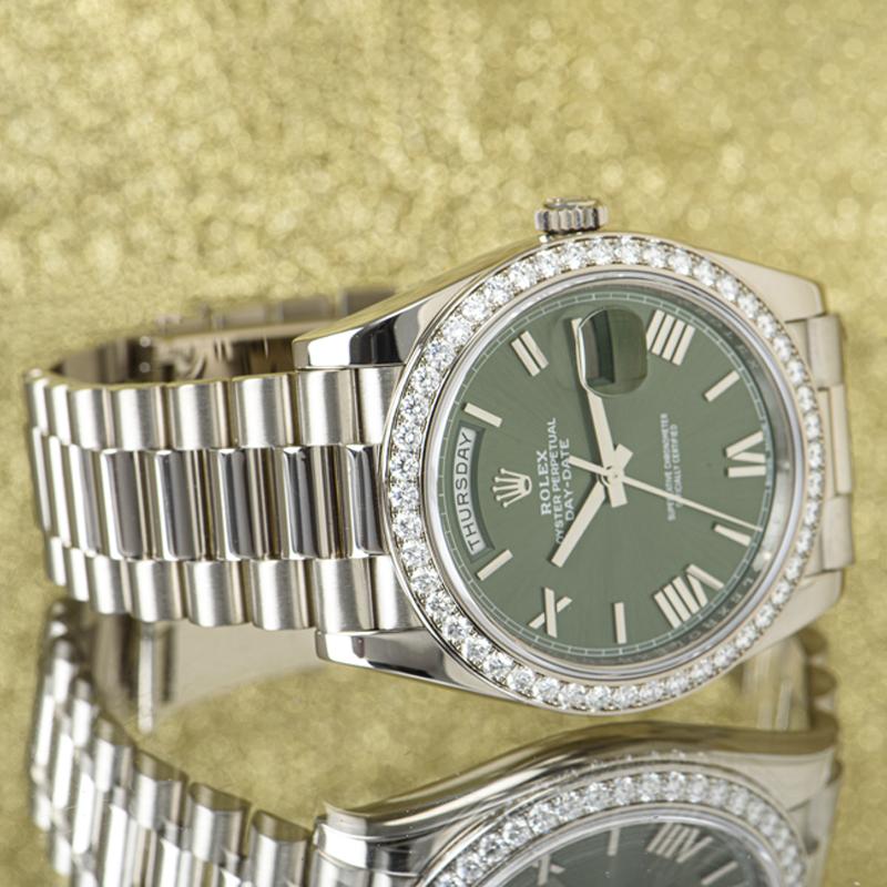 Rolex Day-Date 40 Olive Dial Diamond Bezel 228349RBR For Sale 2