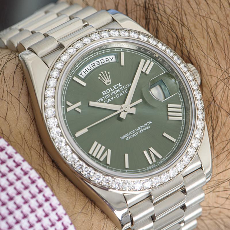 Rolex Day-Date 40 Olive Dial Diamond Bezel 228349RBR For Sale 3