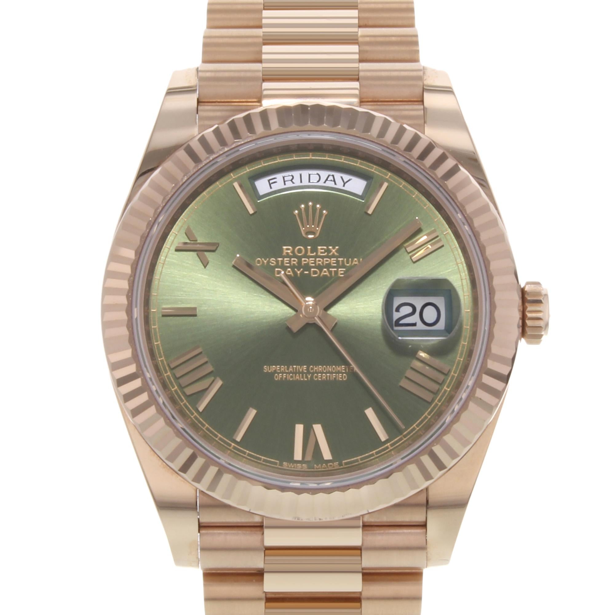 This  never been worn  Rolex  Day-Date 40 228235  is a beautiful men's timepiece that is powered by mechanical (automatic) movement which is cased in a rose gold case. It has a round shape face, day & date dial and has hand roman numerals, sticks