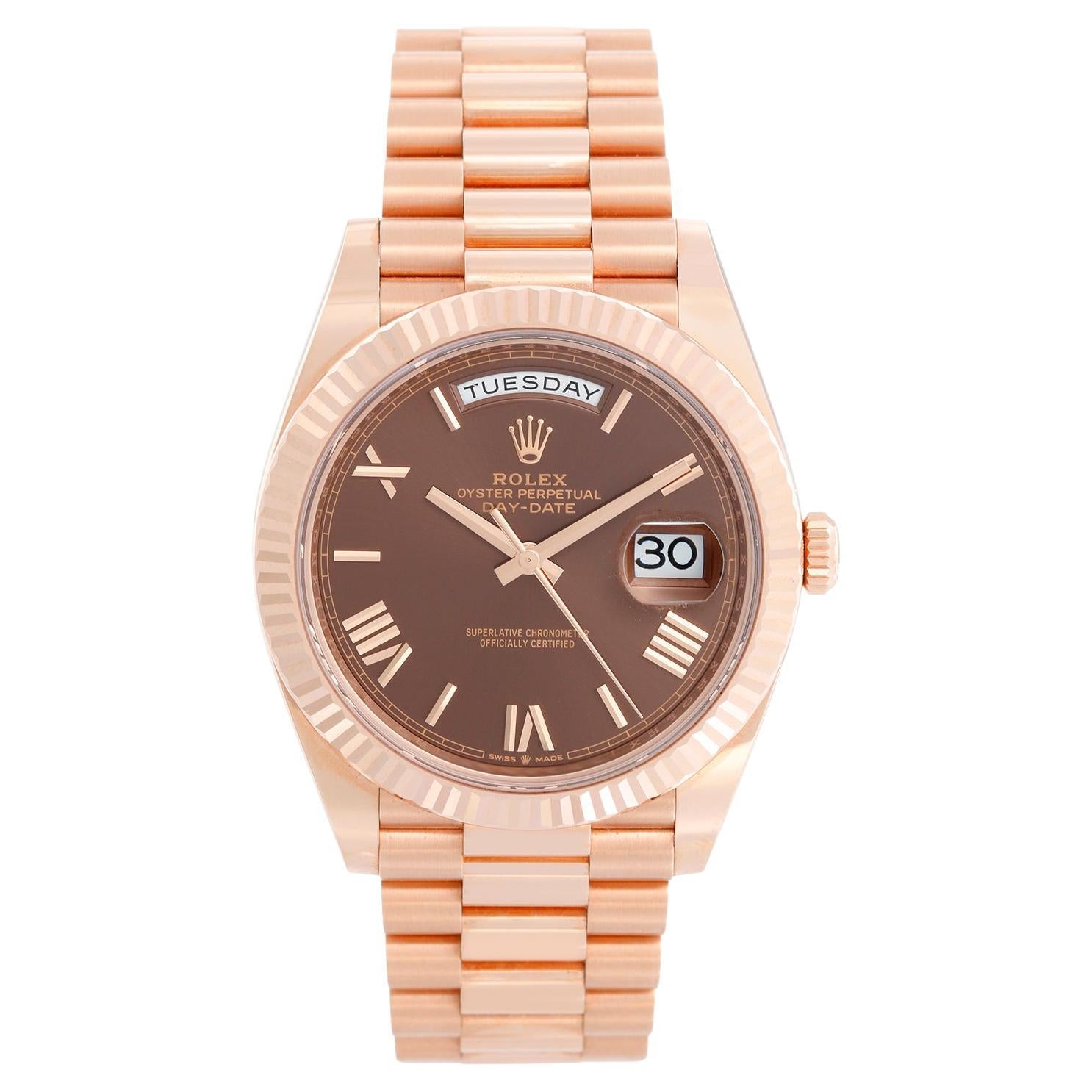 Rolex DayDate 40 18k Rose Gold Olive Green Roman Dial Fluted Bezel 228235 For Sale at 1stDibs