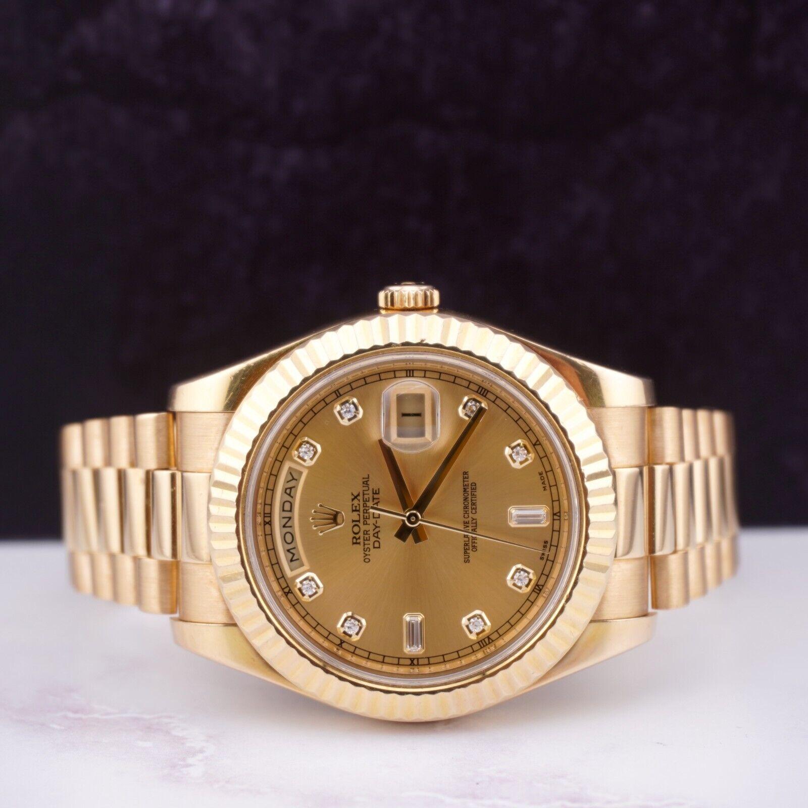 Rolex Daydate 40mm Watch

Pre-owned w/ Original Box & Card
100% Authentic Authenticity Card
Condition - (Excellent Condition) - See Pics
Watch Reference - 218238
Model - Day-Date
Dial Color - Gold
Material - 18k Yellow Gold
Watch Will Fit Wrist Size