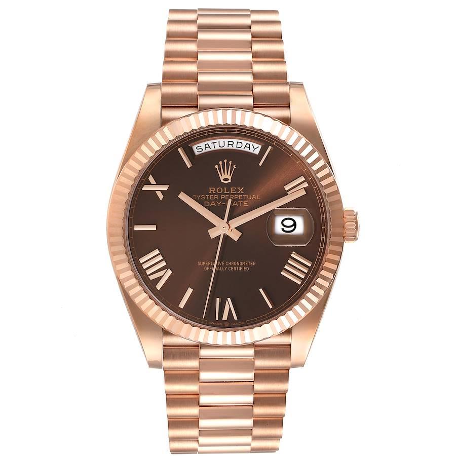 Rolex Day-Date 40 President Rose Gold Chocolate Dial Mens Watch 228235. Officially certified chronometer self-winding movement. 18K rose gold case 40 mm in diameter. High polished lugs. Rolex logo on the crown. 18K rose gold fluted bezel. Scratch