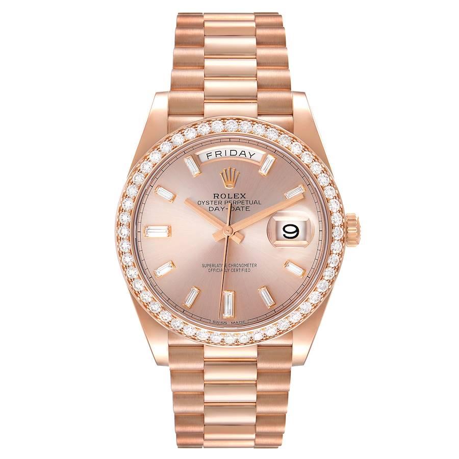 Rolex Day-Date 40 President Rose Gold Diamond Mens Watch 228345 Unworn. Officially certified chronometer self-winding movement. 18K rose gold case 40 mm in diameter. High polished lugs. Rolex logo on a crown. 18K rose gold original Rolex factory