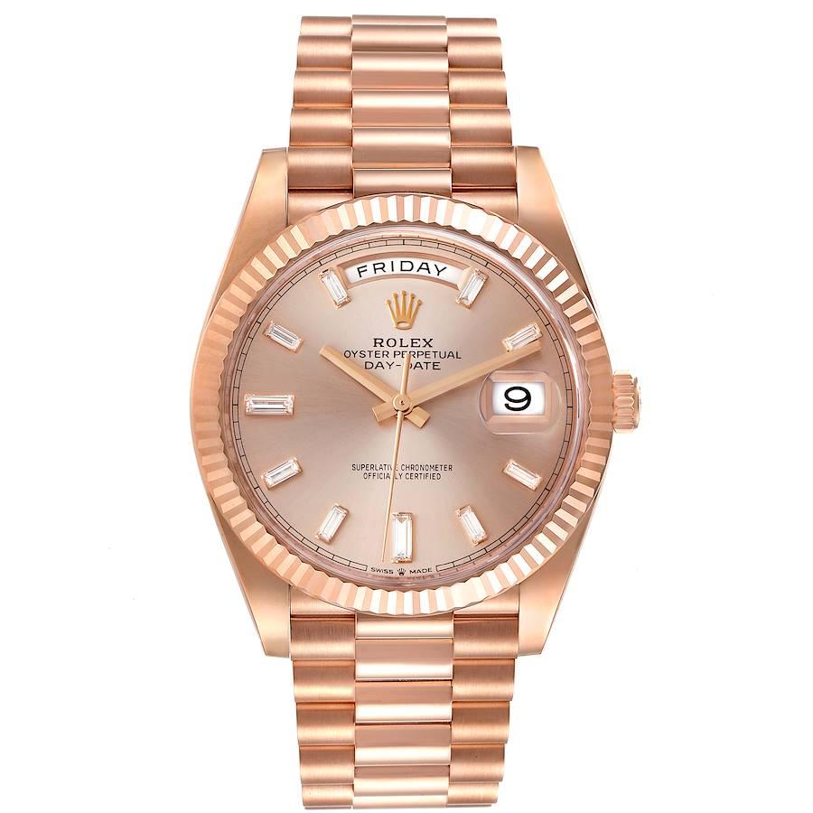 Rolex Day-Date 40 President Rose Gold Sundust Dial Watch 228235 Box Card. Officially certified chronometer self-winding movement. 18K rose gold case 40 mm in diameter. High polished lugs. Rolex logo on a crown. 18K rose gold fluted bezel. Scratch