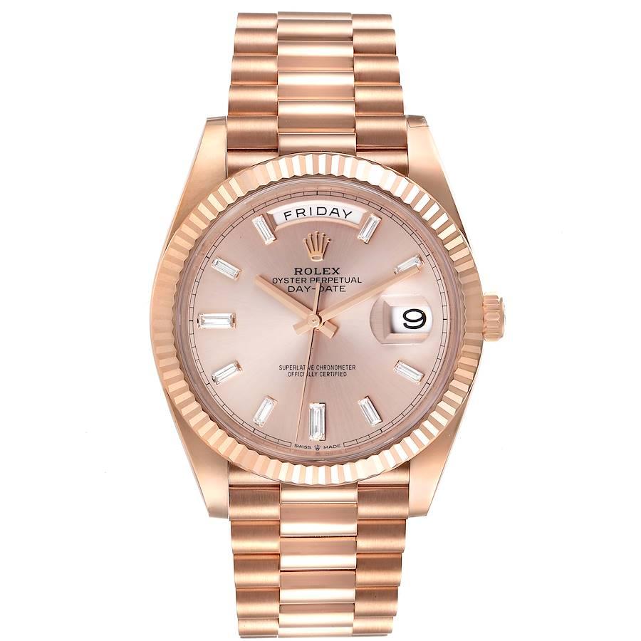 Rolex Day-Date 40 President Rose Gold Sundust Dial Watch 228235 Unworn. Officially certified chronometer self-winding movement. 18K rose gold case 40 mm in diameter. High polished lugs. Rolex logo on a crown. 18K rose gold fluted bezel. Scratch