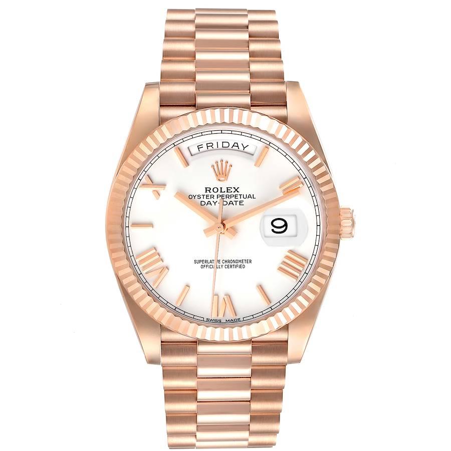 Rolex Day-Date 40 President Rose Gold White Dial Mens Watch 228235 Unworn. Officially certified chronometer self-winding movement. 18K rose gold case 40 mm in diameter. High polished lugs. Rolex logo on a crown. 18K rose gold fluted bezel. Scratch