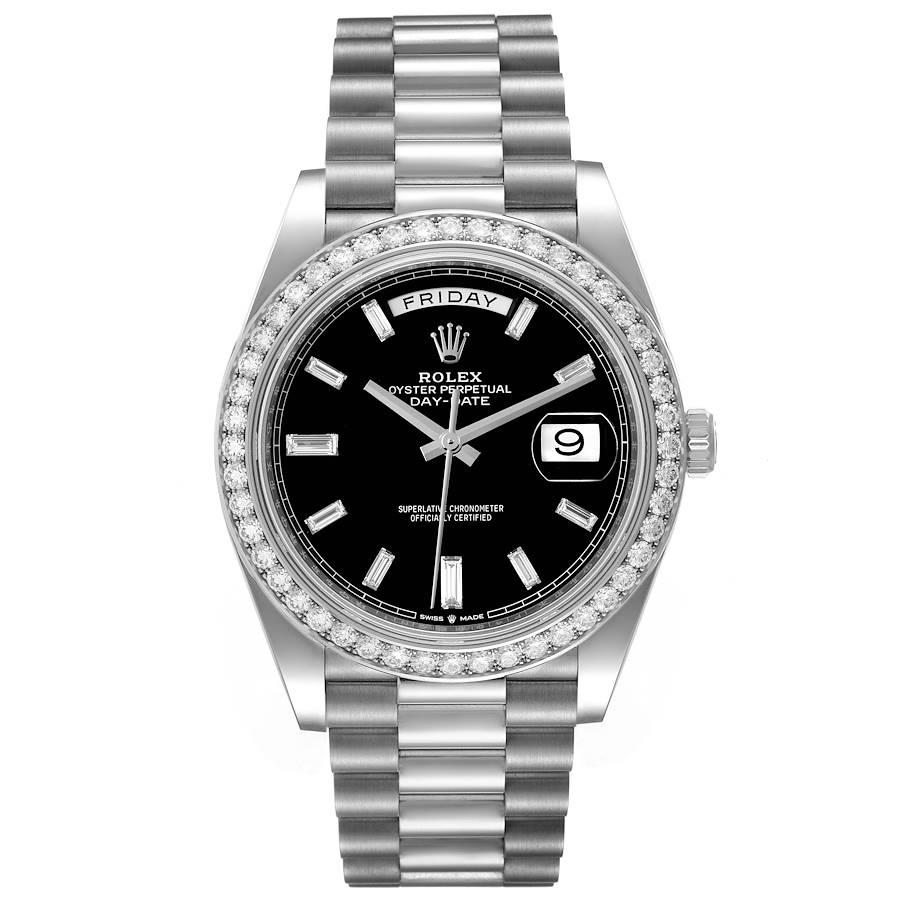 Rolex Day-Date 40 President White Gold Diamond Mens Watch 228349 Unworn. Officially certified chronometer self-winding movement. 18K white gold case 40 mm in diameter. High polished lugs. Rolex logo on a crown. 18K white gold original Rolex factory