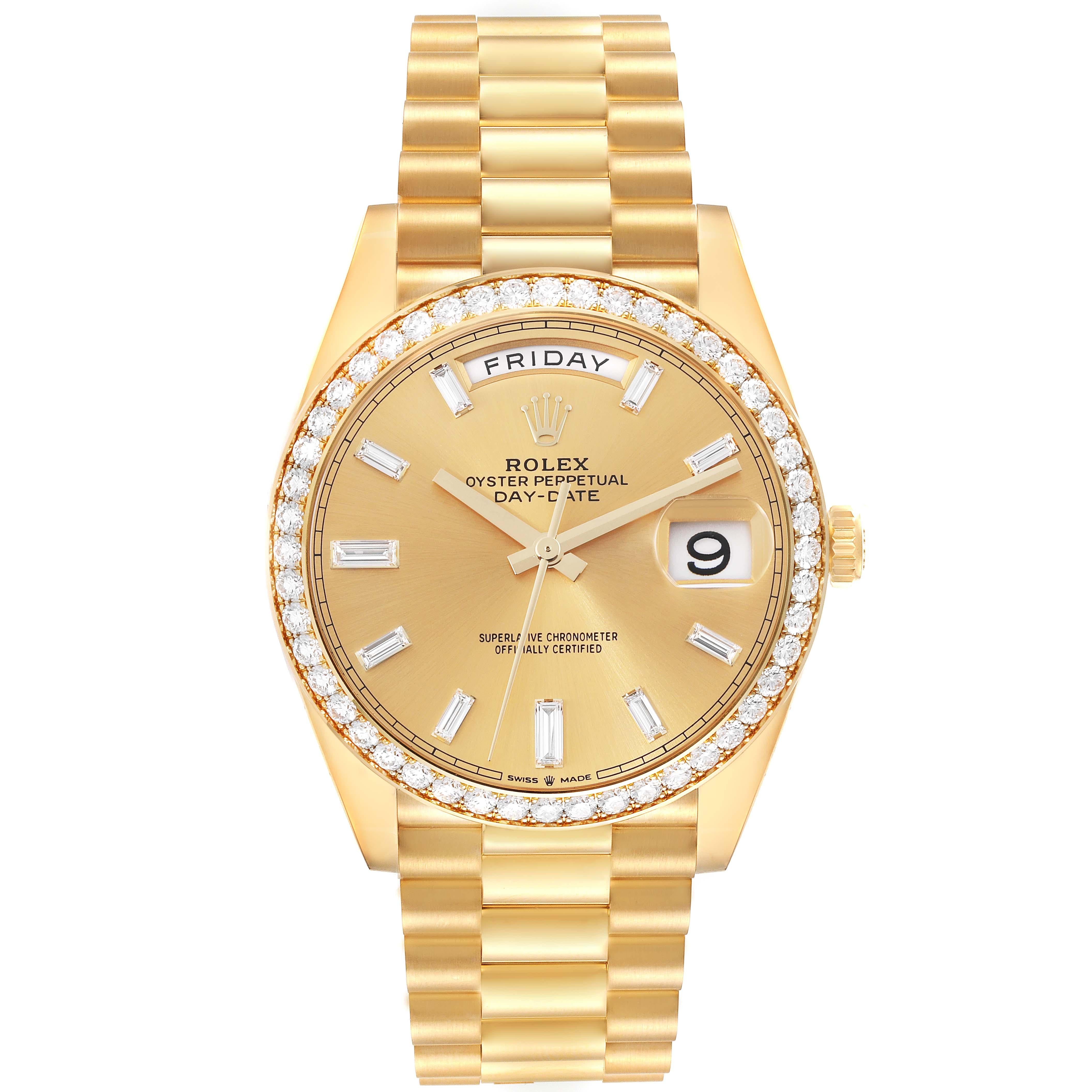 Rolex Day-Date 40 President Yellow Gold Diamond Bezel Mens Watch 228348 Box Card. Officially certified chronometer automatic self-winding movement. 18K yellow gold Oyster case 40 mm in diameter. High polished lugs. Rolex logo on the crown. 18K