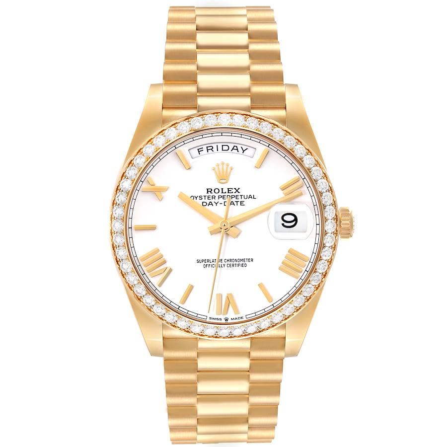 Rolex Day-Date 40 President Yellow Gold Diamond Bezel Mens Watch 228348 Unworn. Officially certified chronometer automatic self-winding movement. 18K yellow gold Oyster case 40 mm in diameter. High polished lugs. Rolex logo on the crown. 18K yellow