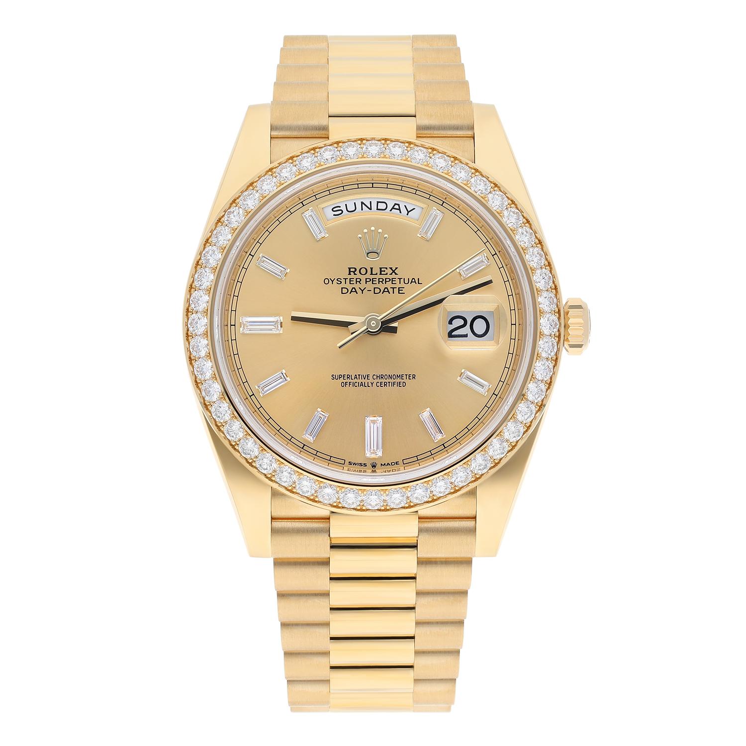 Rolex Day Date 40 Presidential 228348RBR Yellow Gold Factory Diamond Dial Bezel

The Rolex Yellow Gold President Day Date 40 228348RBR is a wristwatch with an analog display. It has a polished 18kt yellow gold case, bezel, and Twinlock crown, with
