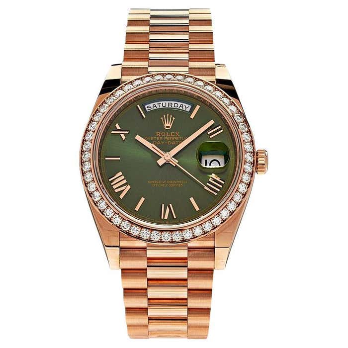 Rolex Day-Date 40 Rose Gold Olive Green Dial Diamond Bezel 228345RBR ...