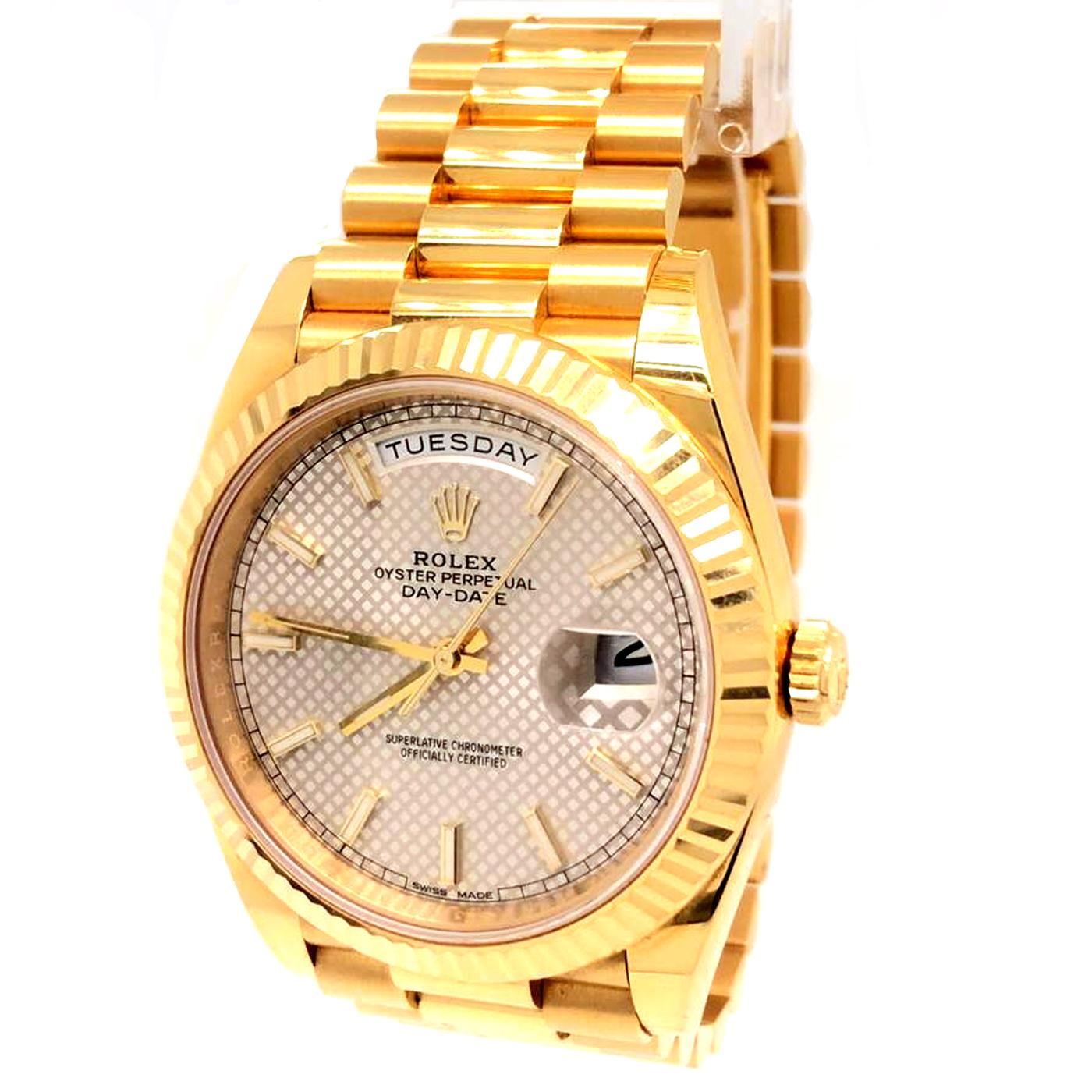 yellow gold day date silver dial