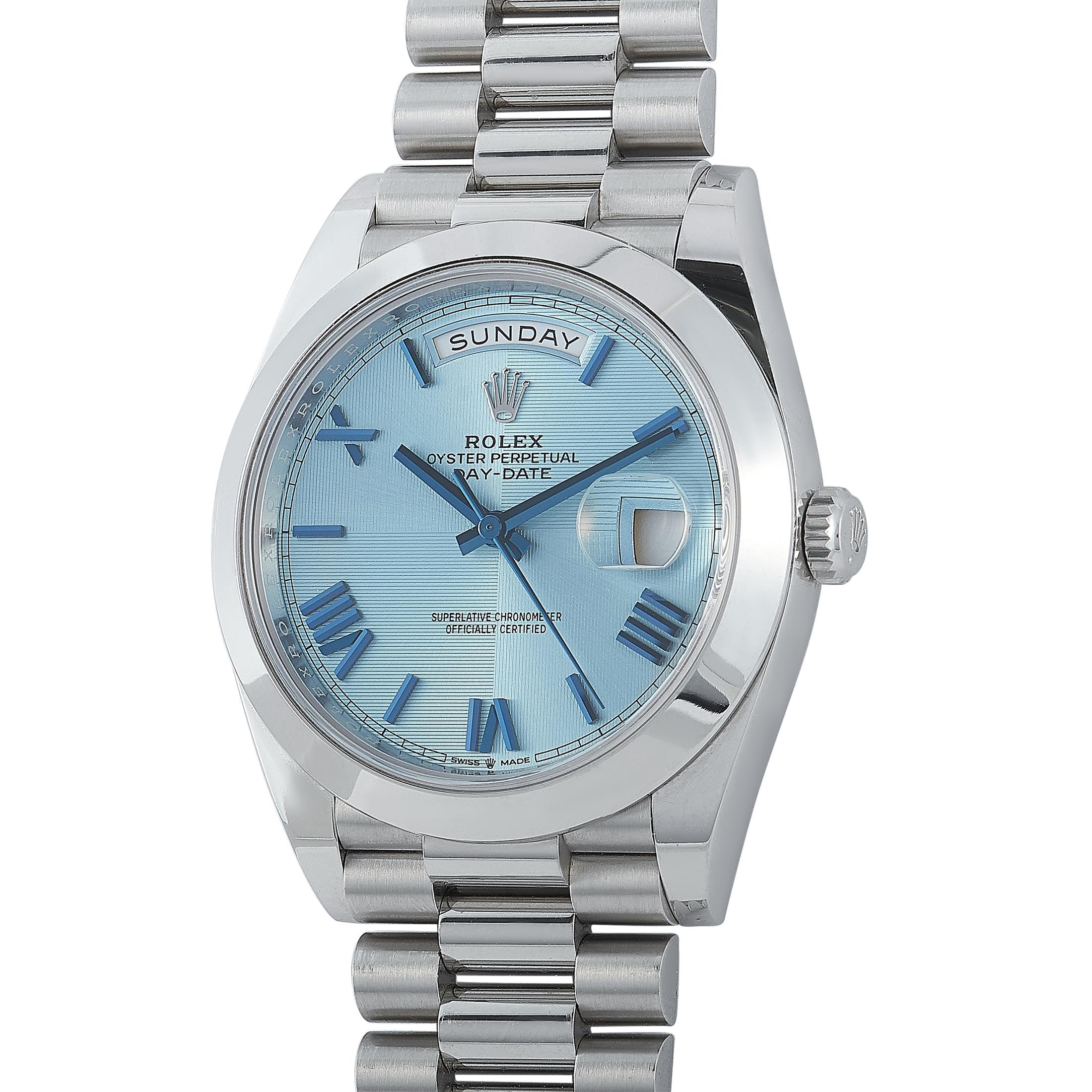 The Rolex Day-Date 40, reference number 228206-0001, is a member of the prestigious “Day-Date” collection.

The watch boasts a 40 mm platinum case fitted with a smooth platinum bezel. The case is mounted onto a platinum President bracelet, secured