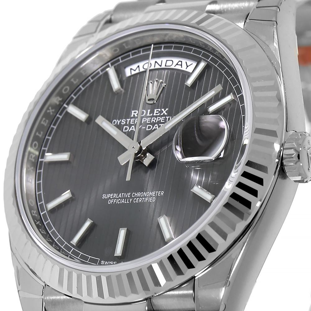 Modern Rolex Day-Date 40 White Gold Dark Rhodium Stripe Motif Dial Watch 228239
