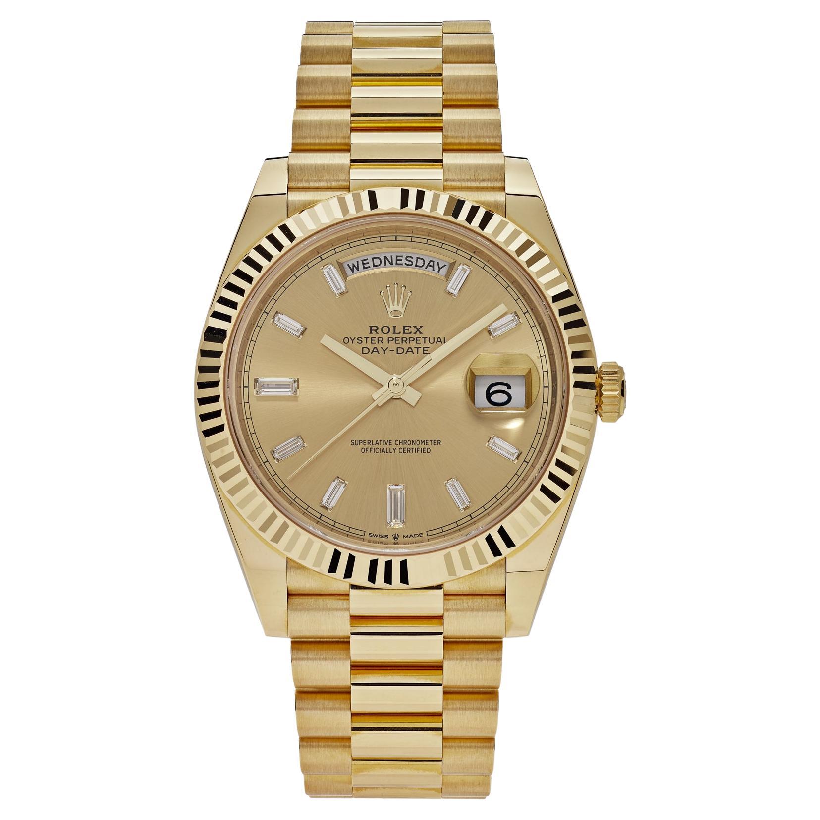 Rolex Day-Date Yellow Gold Champagne Diamond Dial 228238 For Sale at  1stDibs | rolex day date with diamonds, www.rolex watch.com, rolex day date  40 yellow gold baguette dial