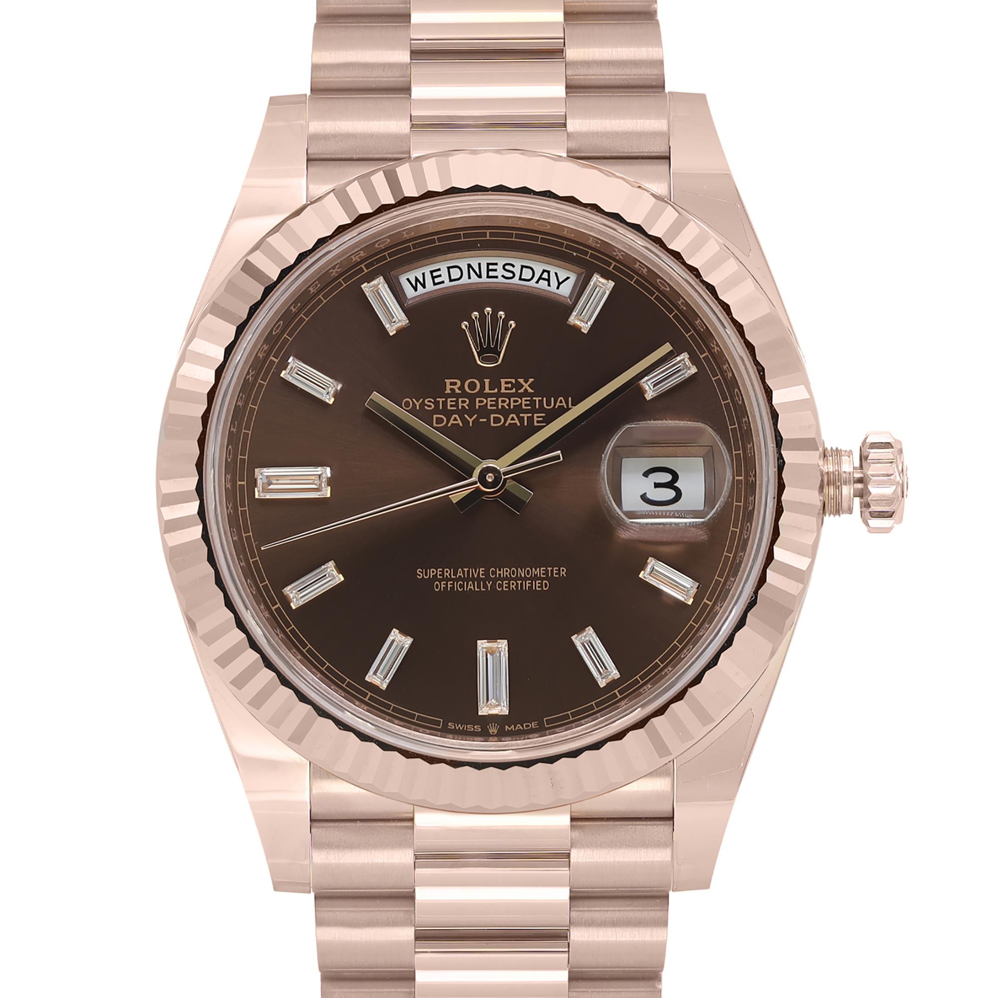 Unworn Rolex Day Date 40 18K Rose Gold Diamond Baguette Chocolate Dial Watch 228235. 2022 card. Comes with manufacturers box and papers. Comes backed by a 3 year warranty provided by Chronostore.
Brand Rolex
Type Wristwatch
Department Men
Model