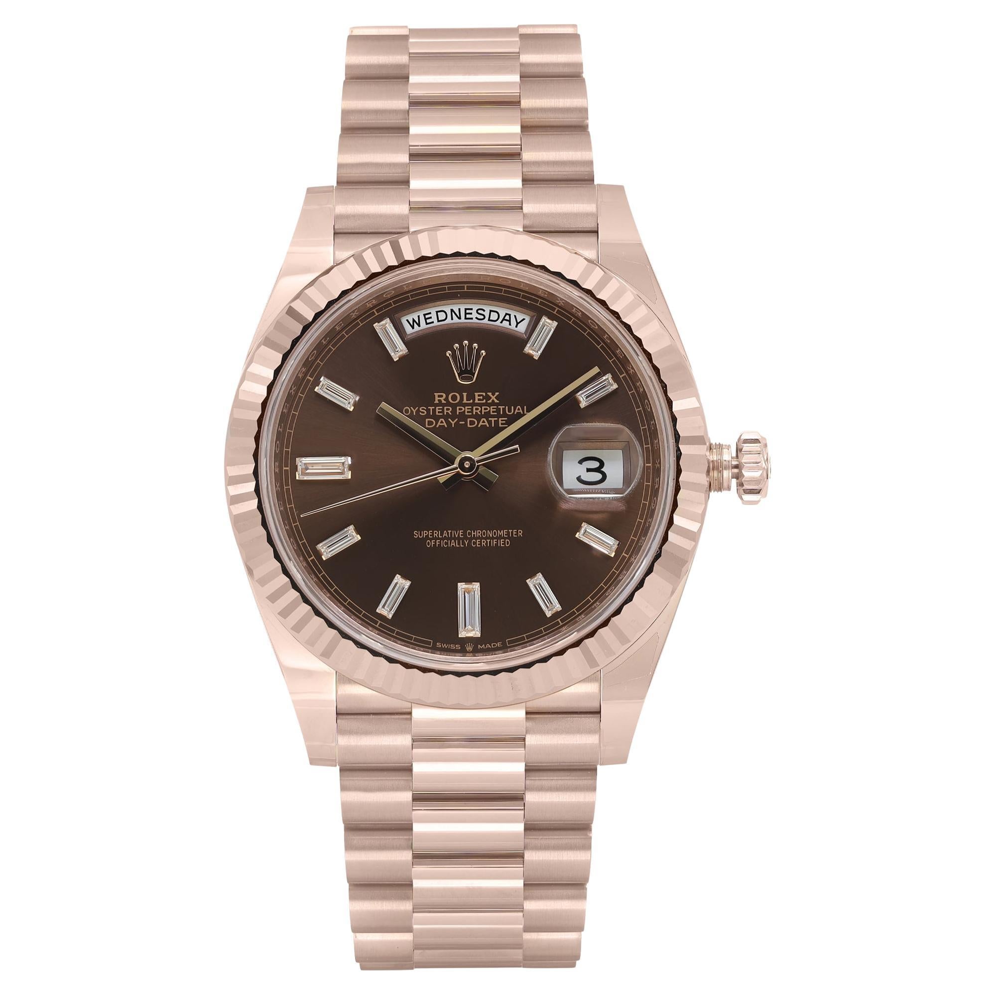 Rolex Day Date 18K Rose Gold Diamond Baguette Chocolate Dial Watch 228235 For Sale