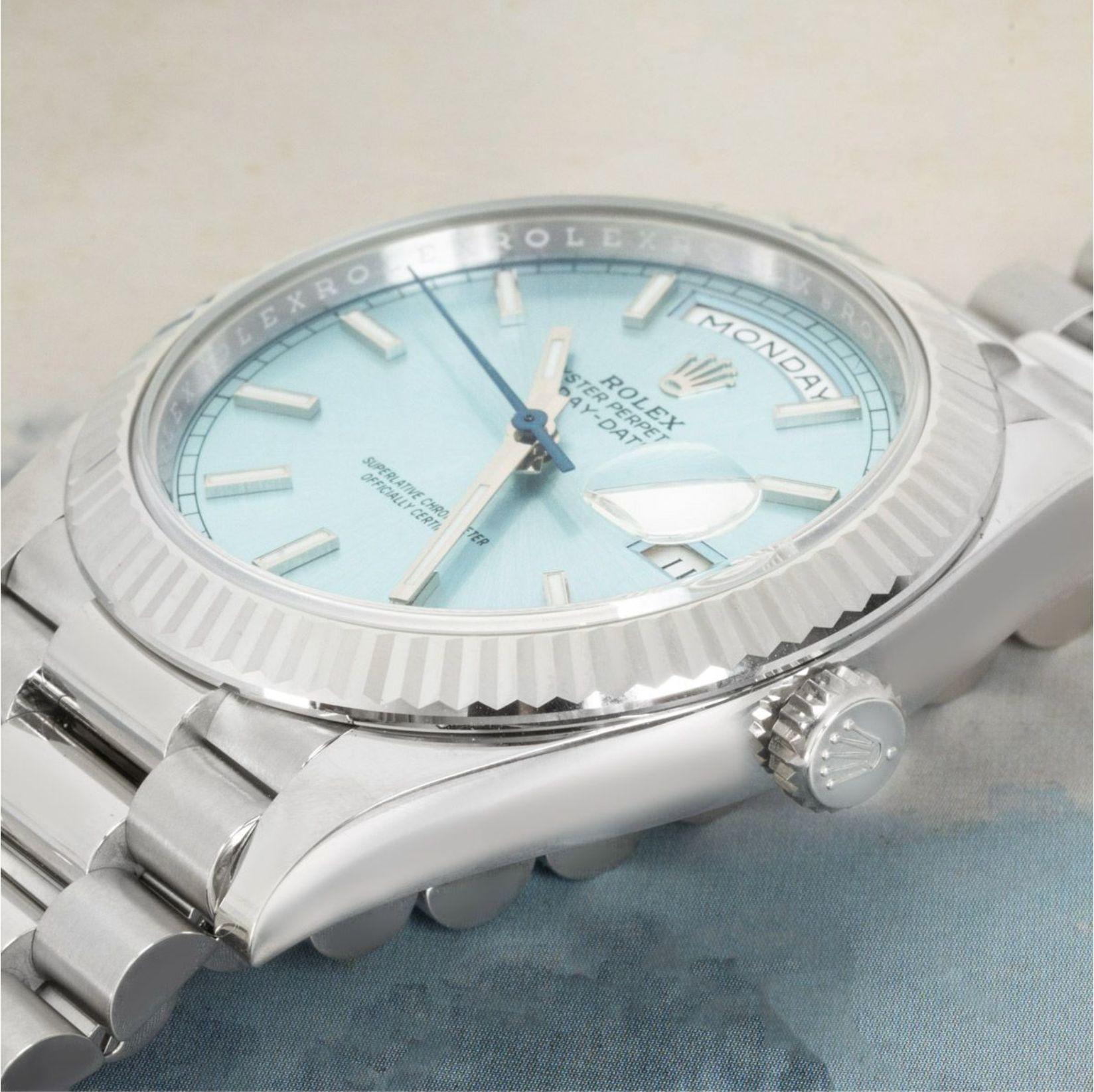 An unworn Day-Date 40mm crafted in platinum by Rolex. Featuring an ice blue dial with applied hour markers and a fluted platinum bezel new to the 2023 design.

Fitted with a scratch-resistant sapphire crystal, a self-winding automatic movement and a