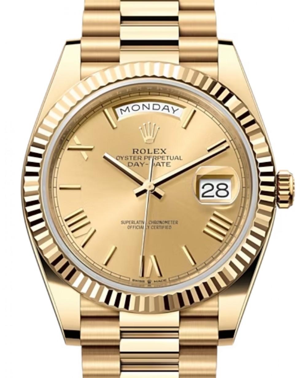 Rolex Day-Date 40mm President 18K Gold Roman Champagne Dial Watch 228238 In New Condition In New York, NY