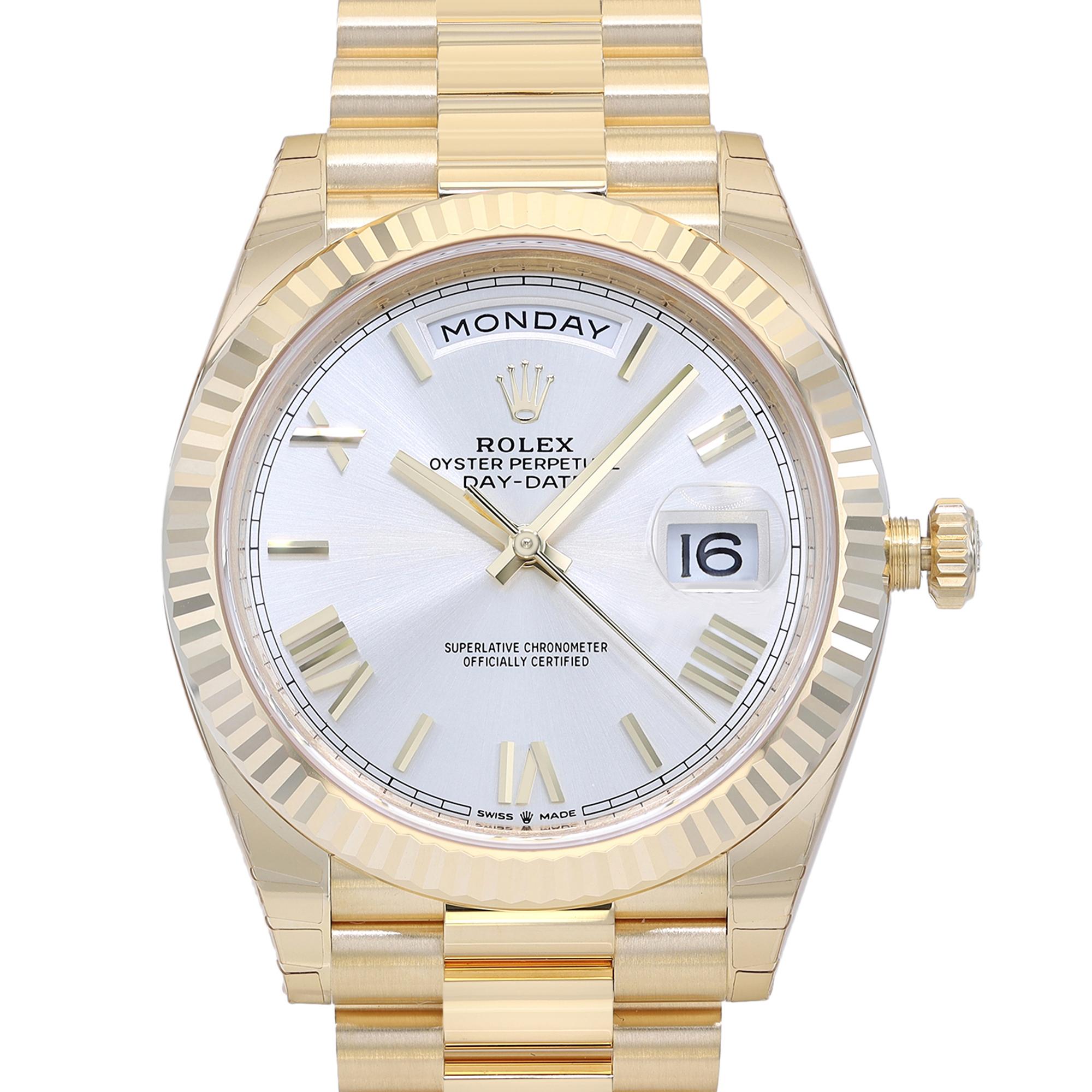 Unworn Rolex Day Date 40mm 18K Gold Roman Silver Dial President Watch 228238. 2022 Card. This Beautiful Timepiece Features: 18k Yellow Gold with 18k Yellow Gold Rolex President bracelet. Fixed fluted 18kt yellow gold bezel. Silver dial with