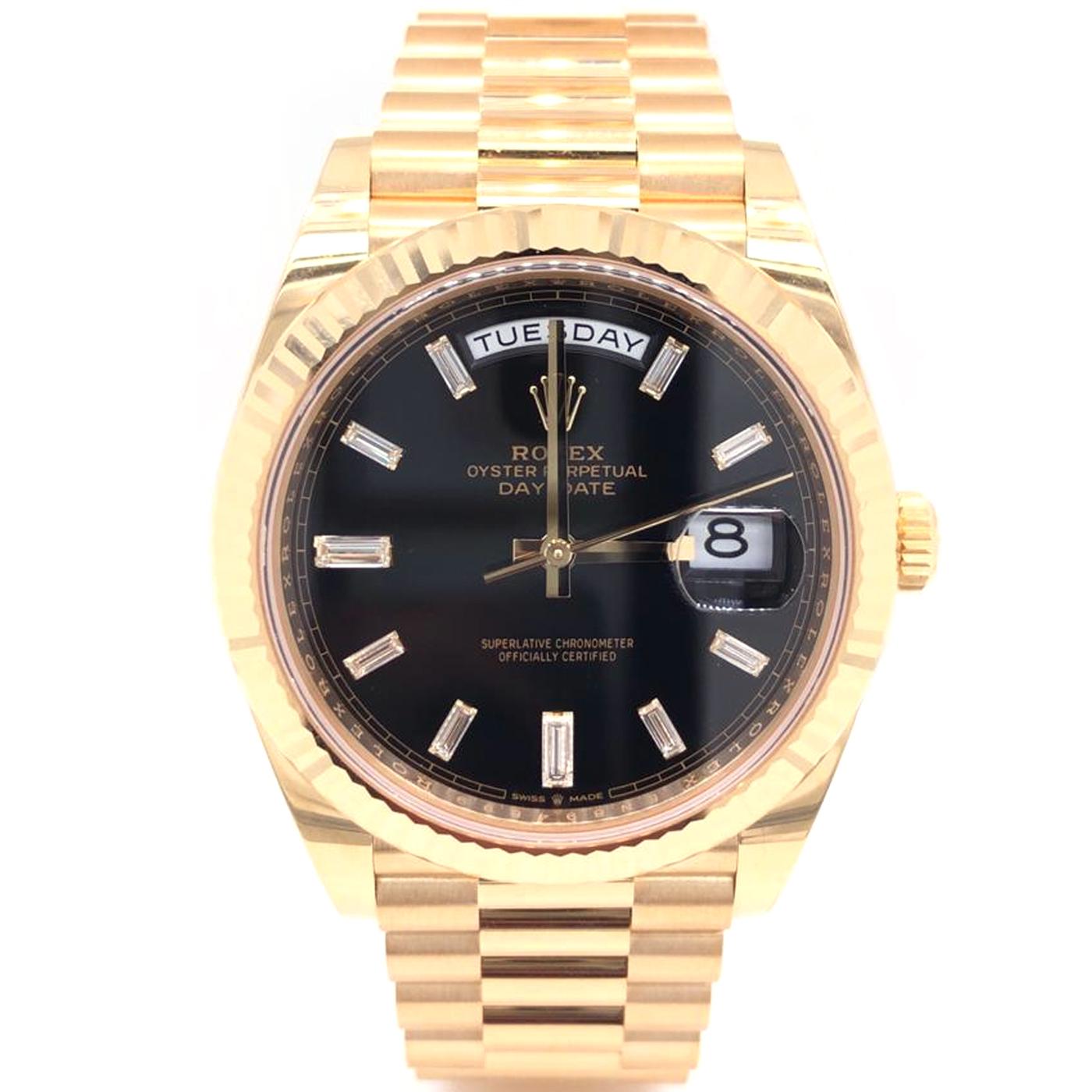 Modernist Rolex Day-Date President 18K Yellow Gold Black Baguette Dial Watch 228238