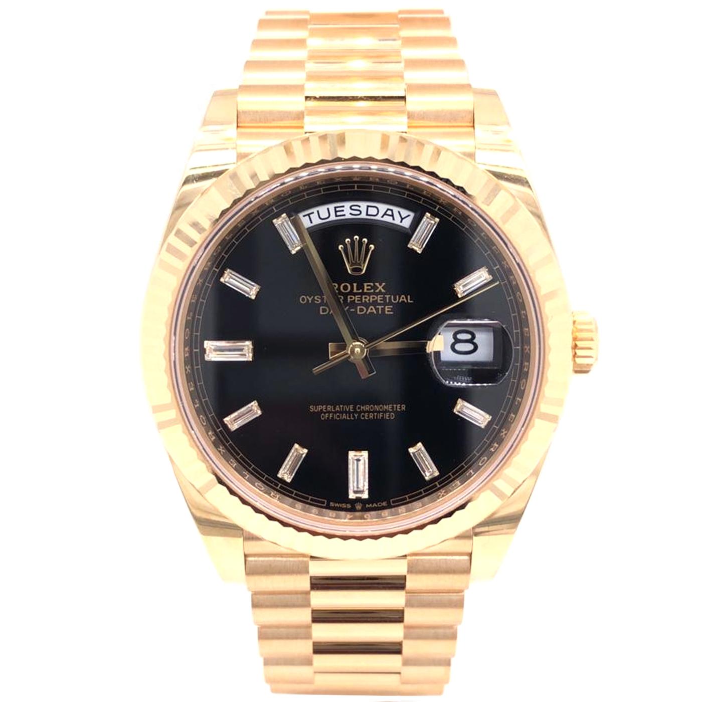 Rolex Day-Date President 18K Yellow Gold Black Baguette Dial Watch 228238 In New Condition In Aventura, FL