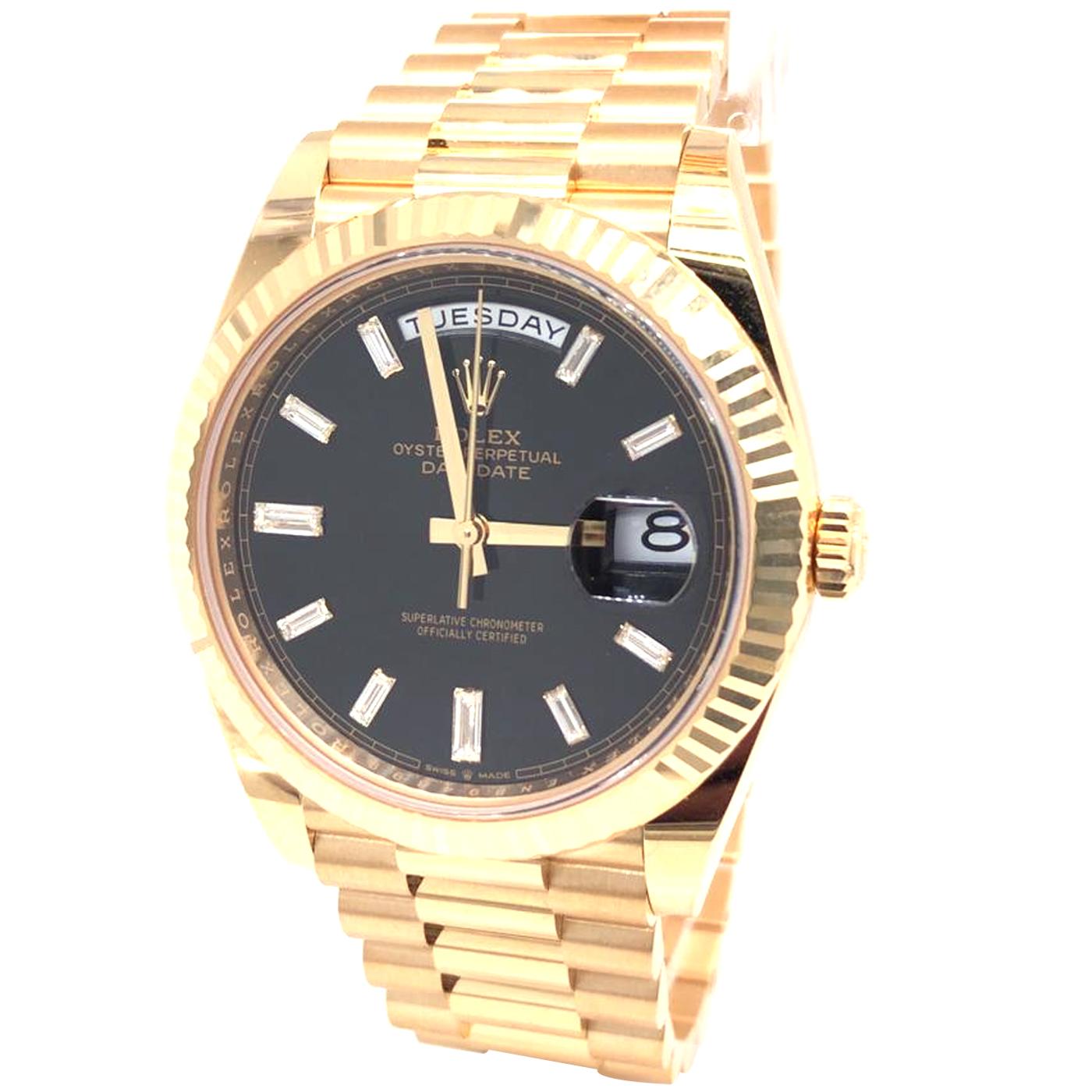 Women's or Men's Rolex Day-Date President 18K Yellow Gold Black Baguette Dial Watch 228238
